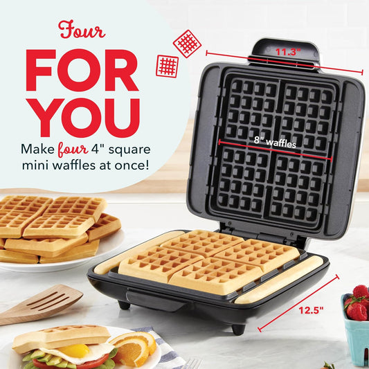 DASH No-Drip Waffle Maker - Four Waffle Molds, Nonstick Waffle Iron with Quick Heat-Up, Nonstick Surface - Perfect Waffle Maker for Kids and Families, Just Add Batter - PuriLite