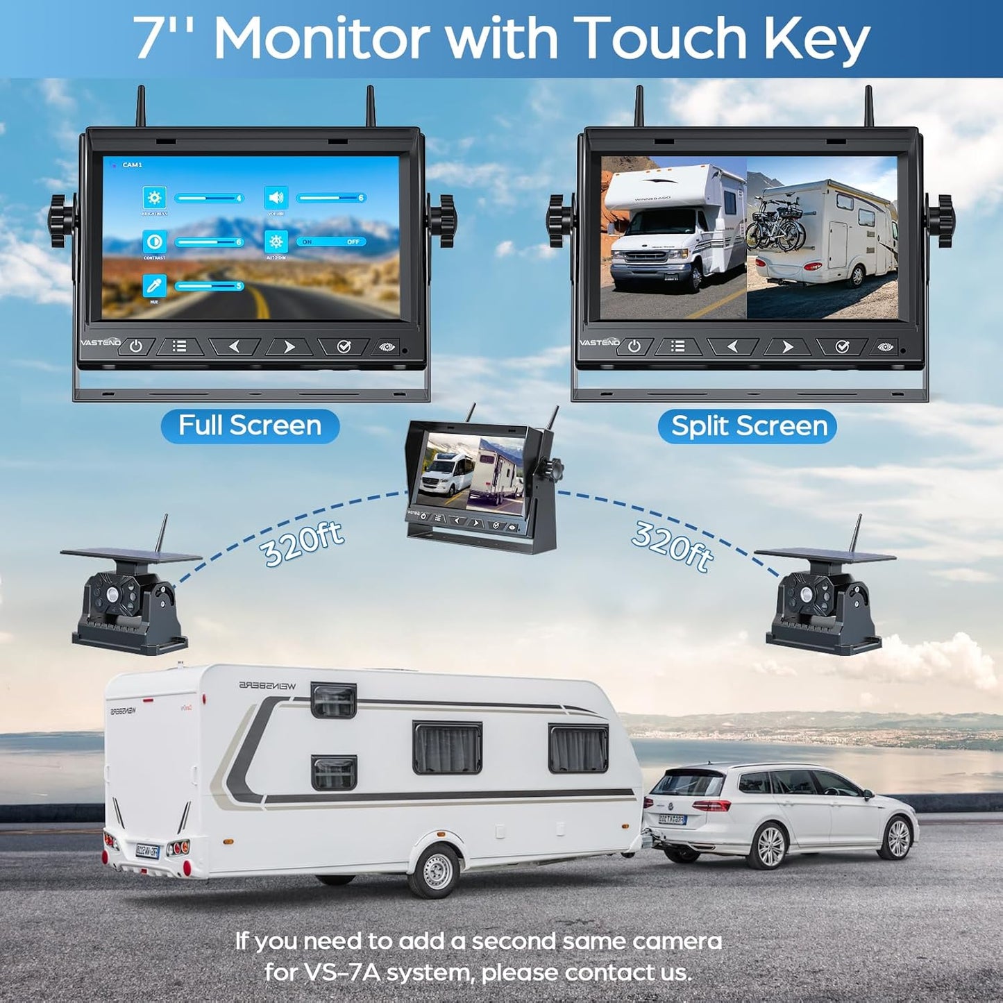 Magnetic Solar Wireless Backup Camera No Installation VASTEND 7'' Rear View Camera for Car No Delay 10000mAh Rechargeable RV Backup Camera 1080P for Truck Trailer Camper (VS-7A)