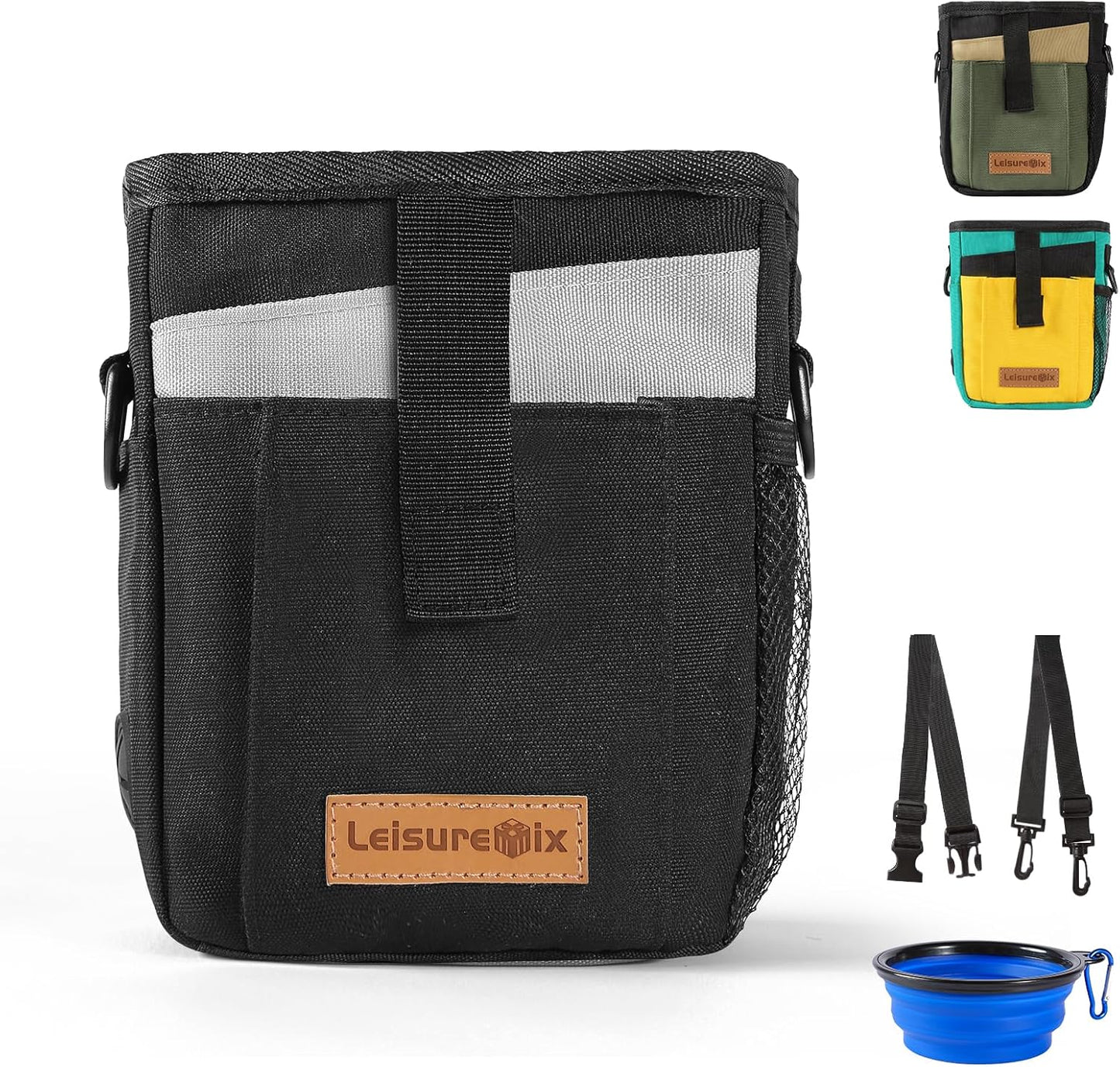 Dog Treat Pouch with Collapsible Bowl & Zippered Pockets Hands-Free Training Treat Pouch Bag for Dogs Waterproof Pet Waist Bag, Adjustable Strap Training, Hiking, Outdoor Use (Black & Olive Green)