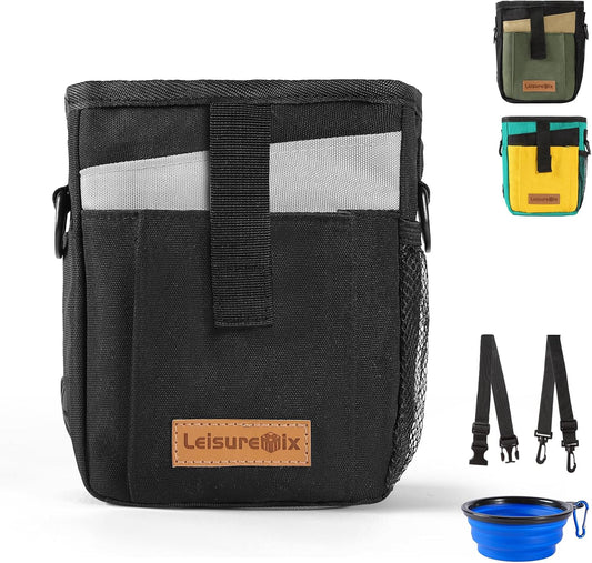 Dog Treat Pouch with Collapsible Bowl & Zippered Pockets Hands-Free Training Treat Pouch Bag for Dogs Waterproof Pet Waist Bag, Adjustable Strap Training, Hiking, Outdoor Use (Black)