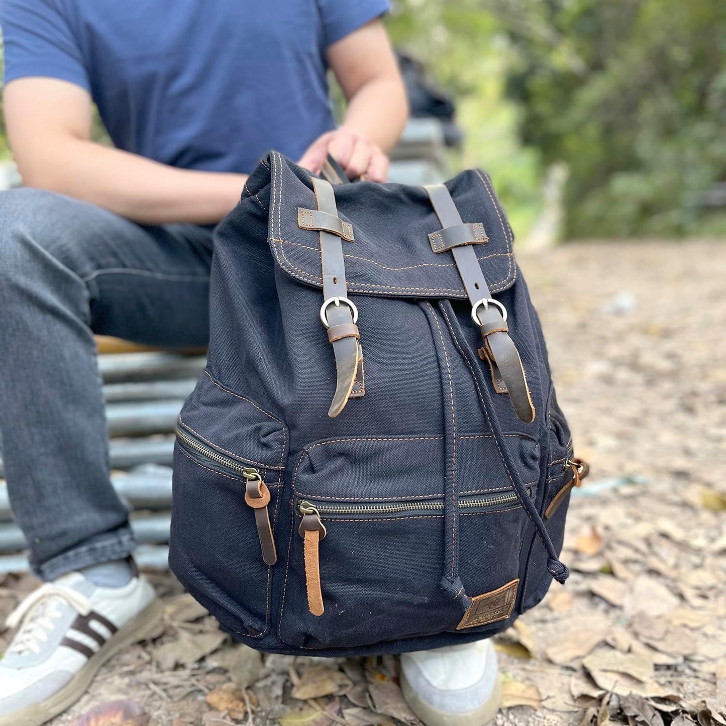 AUGUR Canvas Backpack,17 inch Laptop Backpack Vintage Canvas Leather Backpacks Casual School College Bag Pack Bookbag Hiking Travel Rucksack Daypack (L-Coffee)