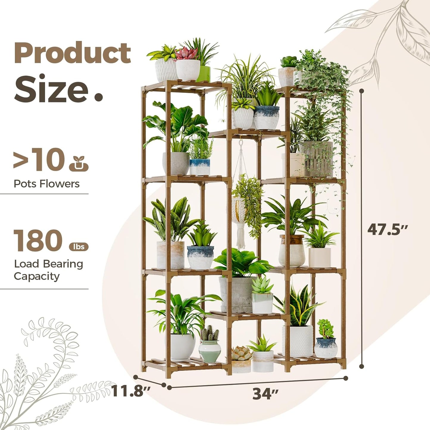 Bamworld Plant Stand Indoor Outdoor Hanging Plant Shelf for Multiple Plants Pots Wood Flower Stand Tall Large Flower Holder for Living Room, Patio, Balcony, Garden Decor, Brown