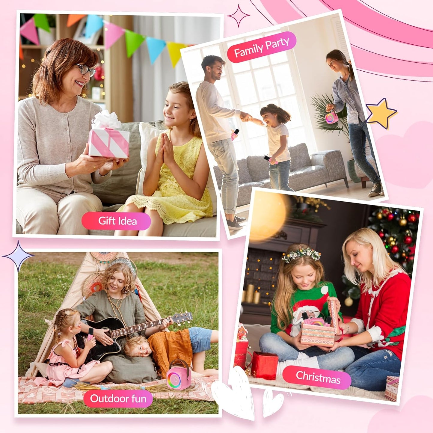 Mini Karaoke Machine, Portable Bluetooth Karaoke Speaker with 2 Wireless Microphones and Party Lights for Kids and Adults, Birthday Gifts for Girls Boys Family Home Party (Hotpink)