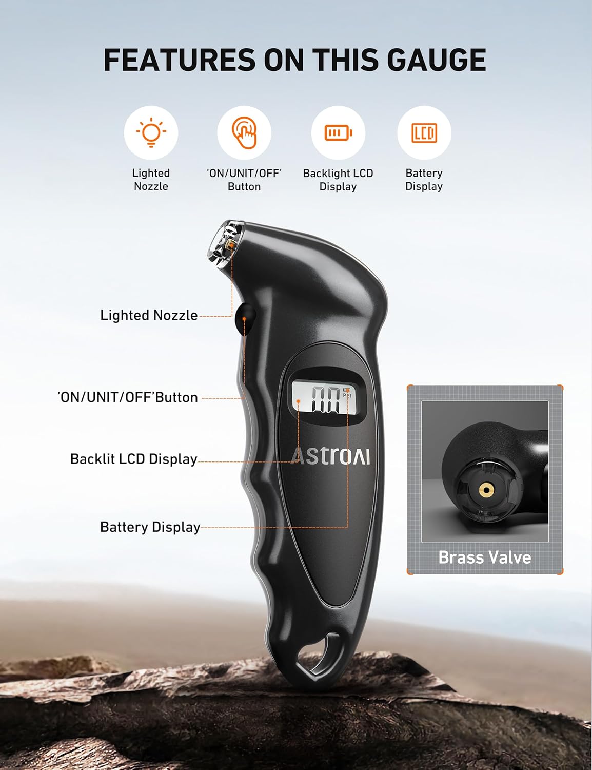 AstroAI Digital Tire Pressure Gauge with Replaceable AAA Batteries, 150 PSI 4 Settings Industrial Tire Gauge for Car Truck Bicycle Backlit LCD Non-Slip Grip Car Accessories(Black)