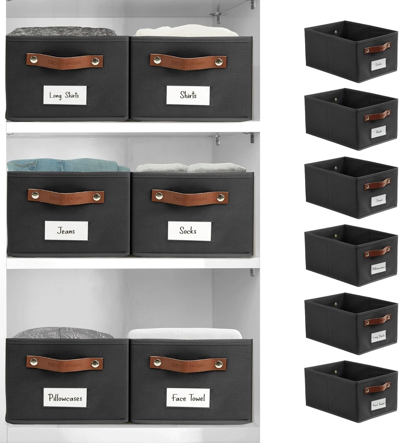 DECOMOMO Cube Storage Bin, Storage Cubes with Labels, Baskets for Shelves Kallax Linen Closet Organizers (Cube 10.5x11"/ 6pcs, Black)