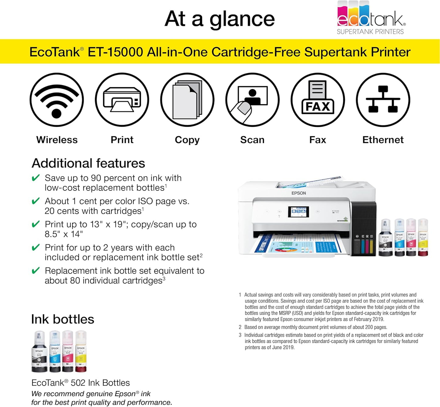 Epson EcoTank ET-15000 Wireless Color All-in-One Supertank Printer with Scanner, Copier, Fax, Ethernet and Printing up to 13 x 19 Inches