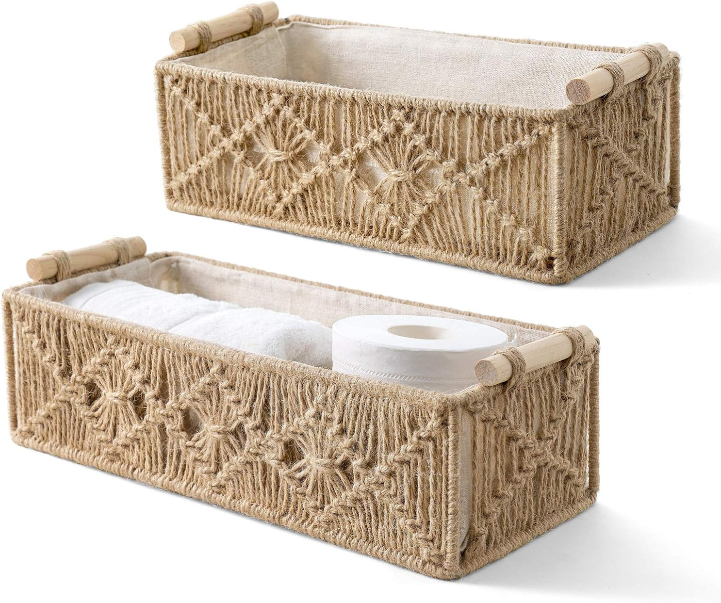 Mkono Macrame Storage Baskets Boho Decor Box Handmade Woven Decorative Countertop Toilet Tank Shelf Cabinet Organizer for Bedroom Livingroom Home, Set of 2, Ivory
