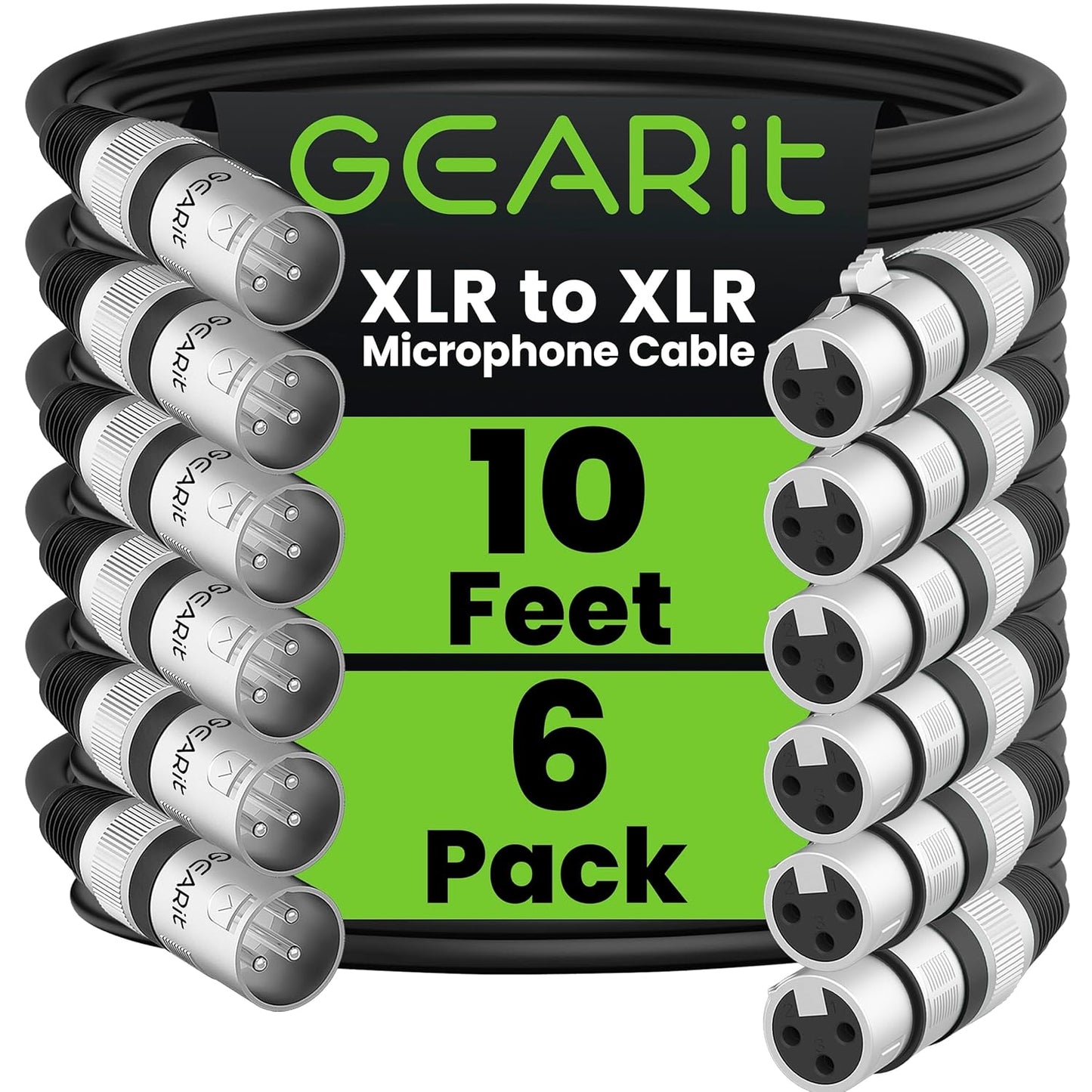 GEARit XLR Male to Female Microphone Cable (10 Feet, 6-Pack) 3-Pin Balanced Shielded Mixer, Recording Studio, Podcast - Black