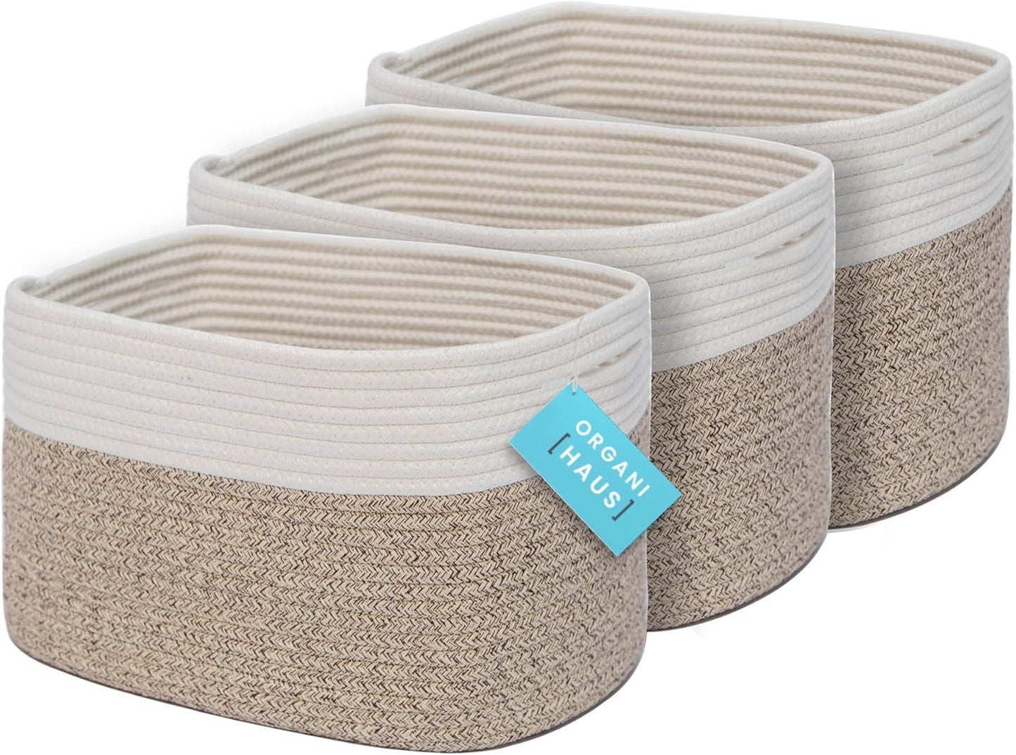 OrganiHaus Soft Woven Baskets for Storage Organization Set of 3, Cotton Rope Nursery Storage Baskets for Shelves, Square Book Bins, Bathroom Towel Hamper, Dog Toy Bins, Panier Rangement - Light Honey