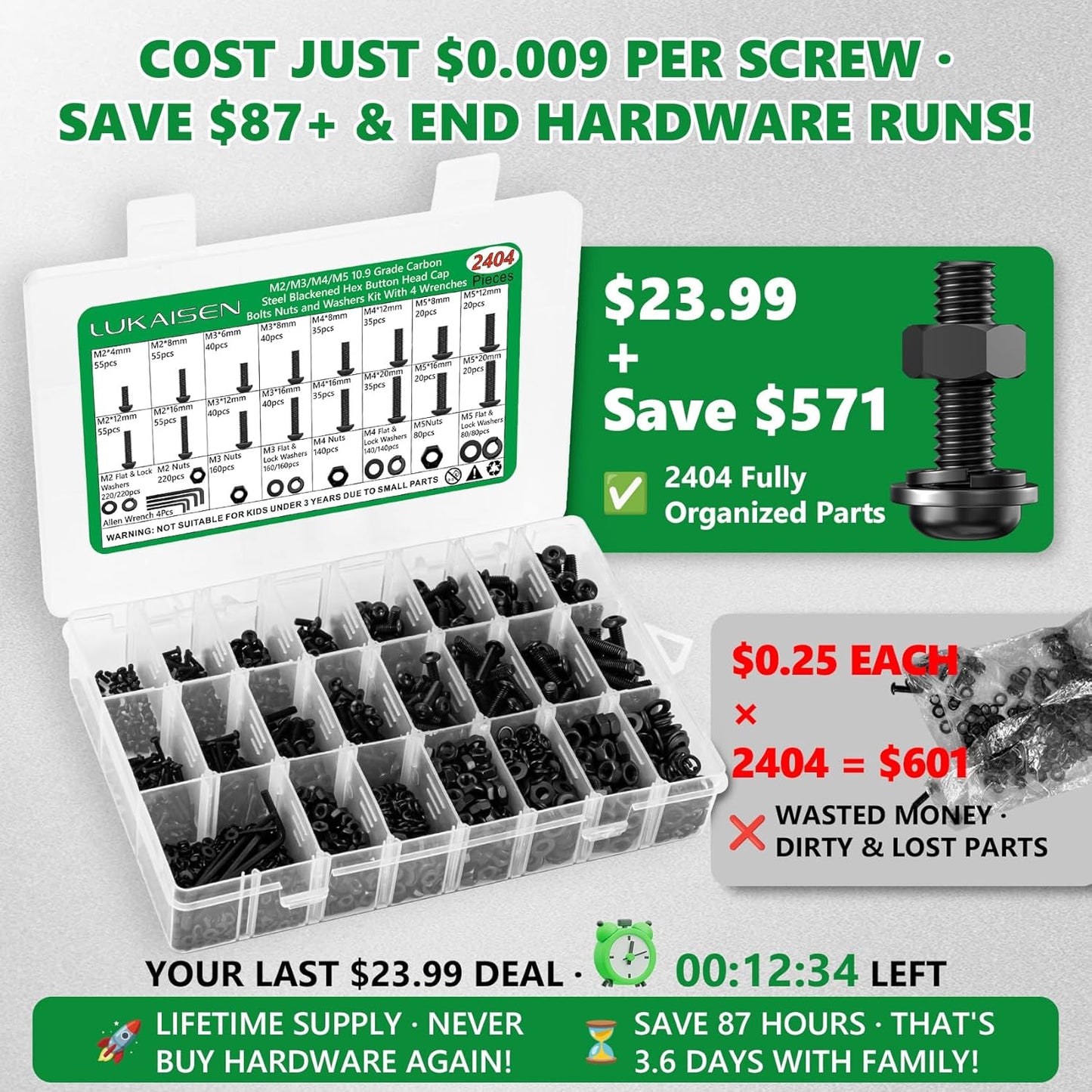 860PCS Metric Screw Assortment Kit, M2 M3 M4 M5 Machine Screws with Lock & Flat Washers, 10.9 Grade Alloy Steel, Metric Hex Button Head Cap Nuts and Bolts Assortment Kit with 4 Wrenches