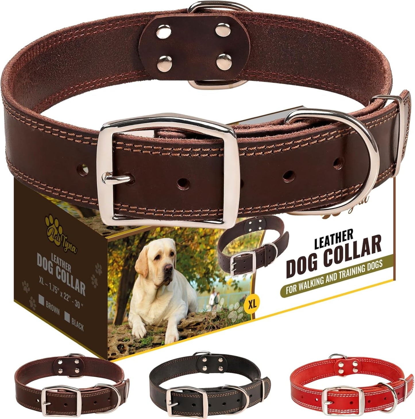ADITYNA Heavy-Duty Leather Dog Collar for Medium Dogs - Soft and Strong, 100% Genuine Leather - Collier Pour Chien (Medium: Fit 13" - 20" Neck, Brown)