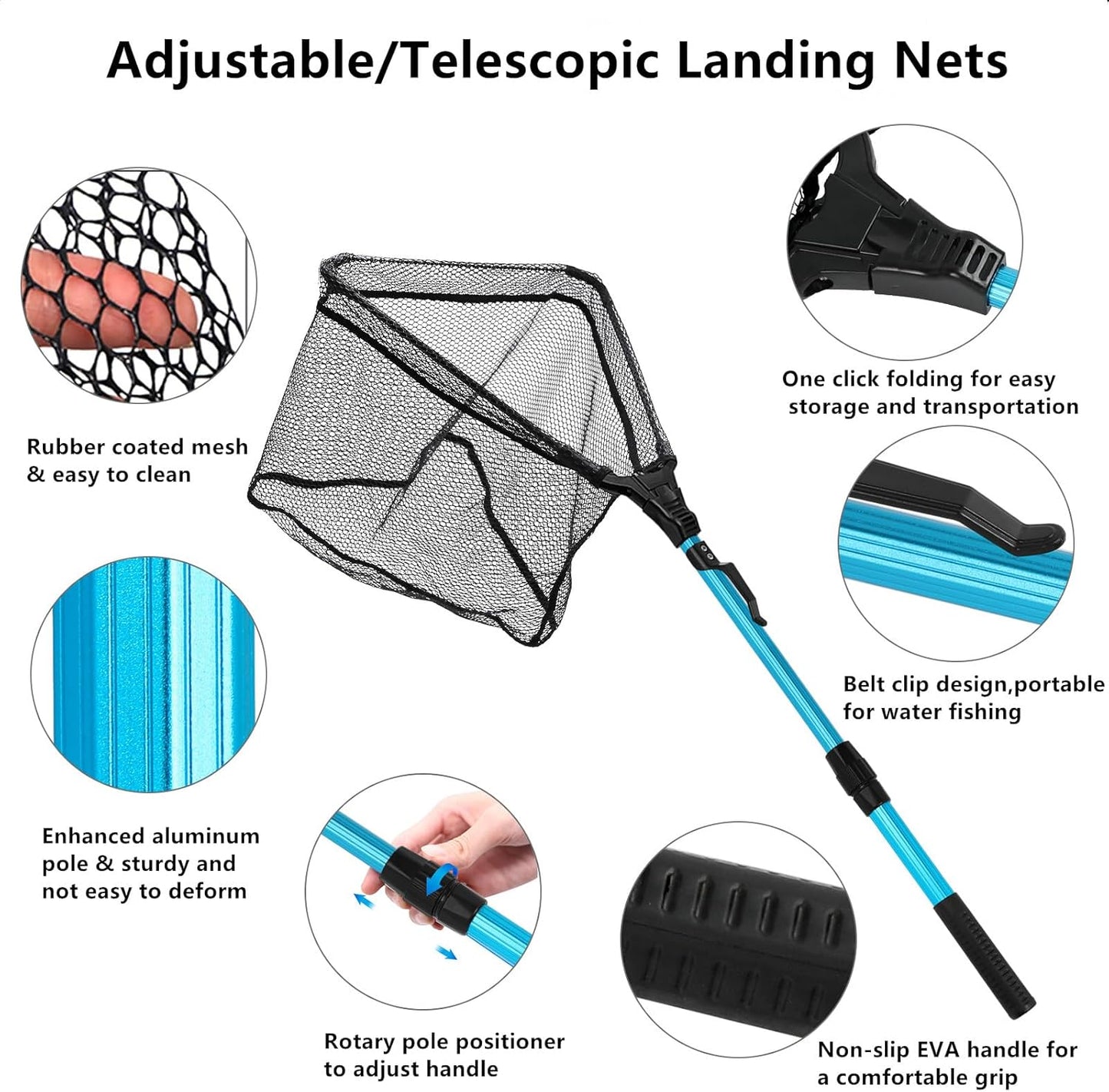 SAN LIKE Fishing Net Telescopic Landing Nets Folding Rubber Fish Net Rubber Coated Landing Net with Adjustable Sturdy Pole Handle for Saltwater Freshwater Bass Trout Fishing Easy Catch & Release