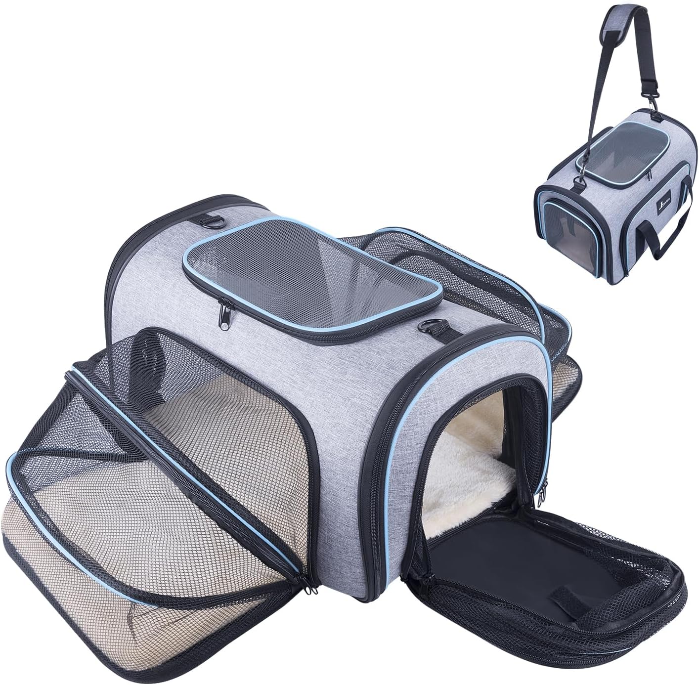 Siivton Cat Carrier,4 Sided Expandable Pet Carrier for Travel,Collapsible Soft-Sided Carriers with Removable Fleece Pad and Shoulder Straps,Airline Approved(17.5"x 11"x 11")
