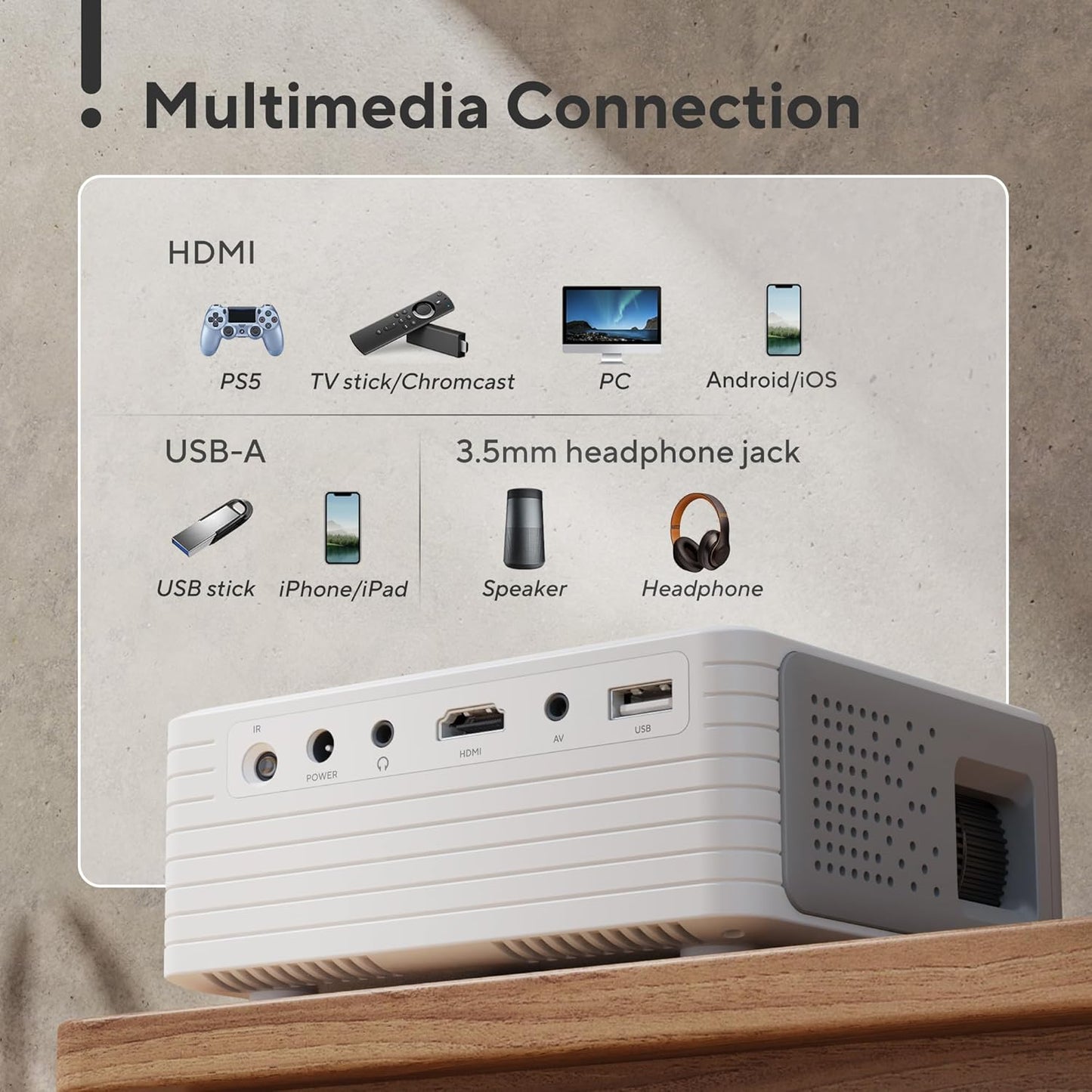 Mini Projector with Projector Stand, 1080P Full HD Supported Portable Projector, AKIYO Phone Projector for Home Theater, Movie, Outdoor, Compatible with iOS/Android/HDMI/USB/TV Stick/PC