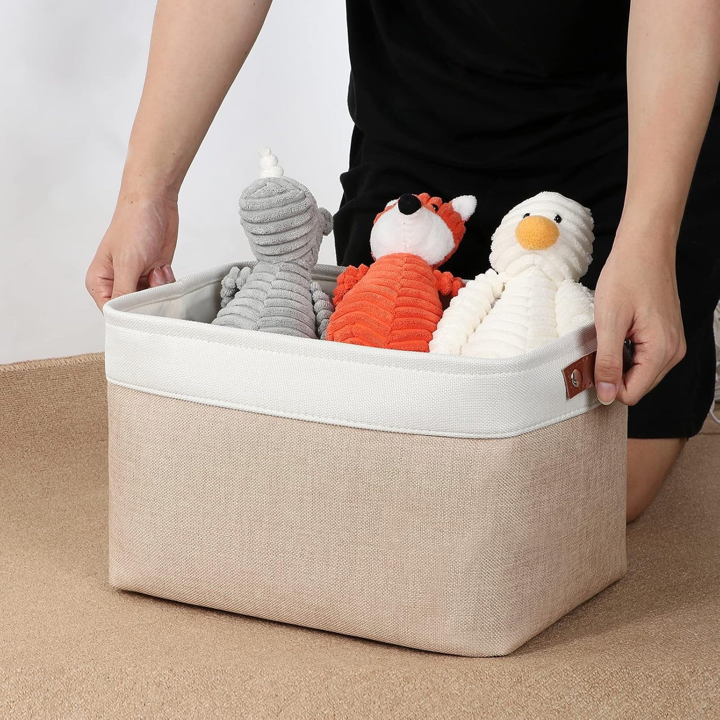 DULLEMELO Storage Baskets for Shelves, Fabric Collapsible Rectangular Storage Bins for Shelves, Closets, Nursery, Home, Office, Empty Gift Baskets (White&Teal)