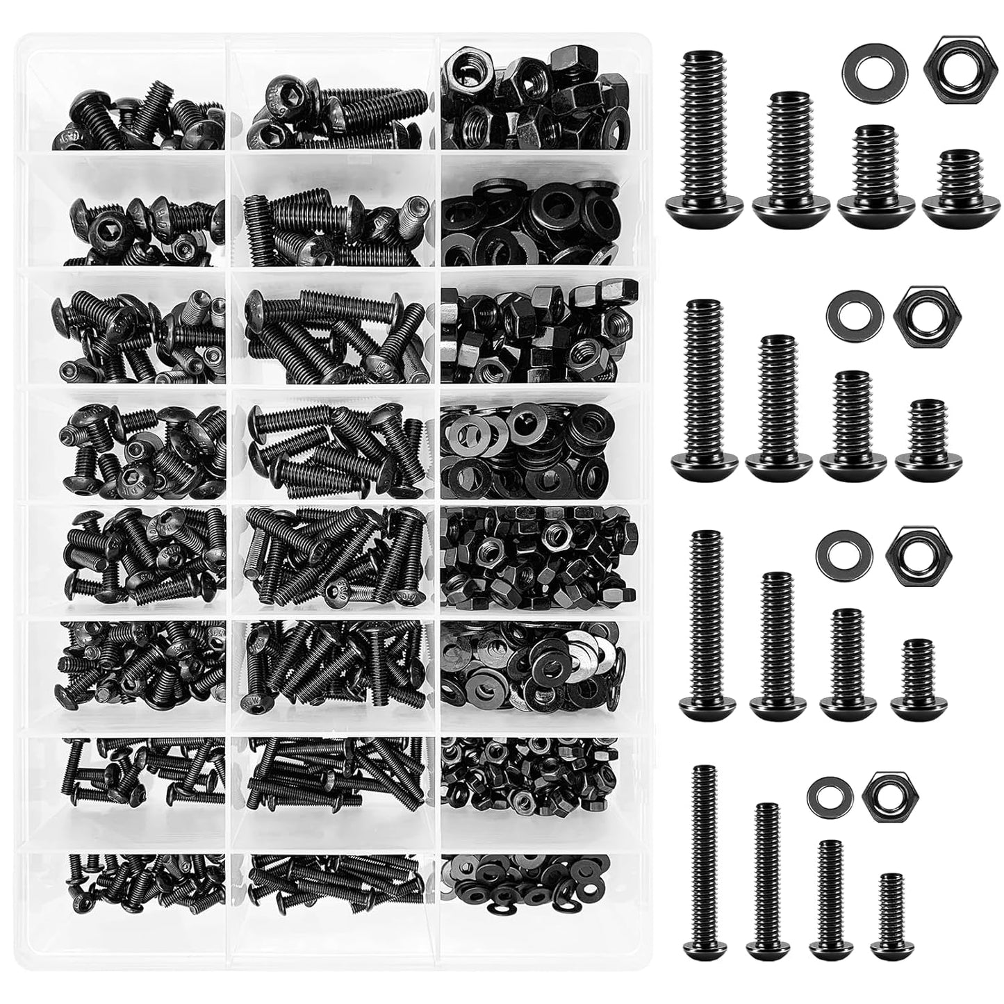 Mywish 900Pcs Metric Screw Assortment, M3 M4 M5 M6 Screw Assortment Kit 304 Stainless Steel Hex Socket Button Head Socket Cap Metric Screws Bolts & Flat Washers/Nuts/Hex Wrenches 16 Sizes 8MM to 20MM