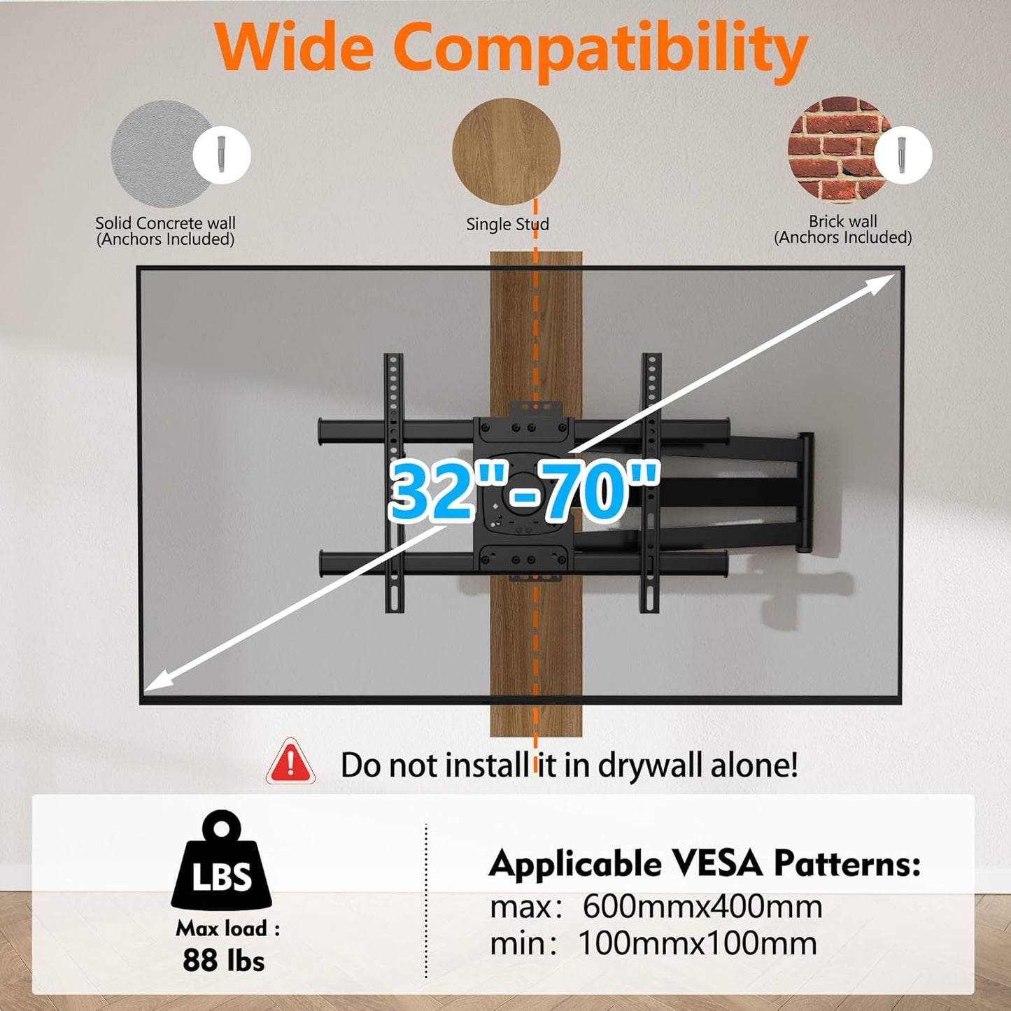 Corner TV Mount,Long Arm TV Wall Mount with 33inch Extension,Full Motion TV Wall Mount Swivel and Tilt Heavy Duty,90 Degree TV Mount,Fit 32-70''TV, Single Stud,Load 88lbs,Max VESA 600x400mm by WHYFONE
