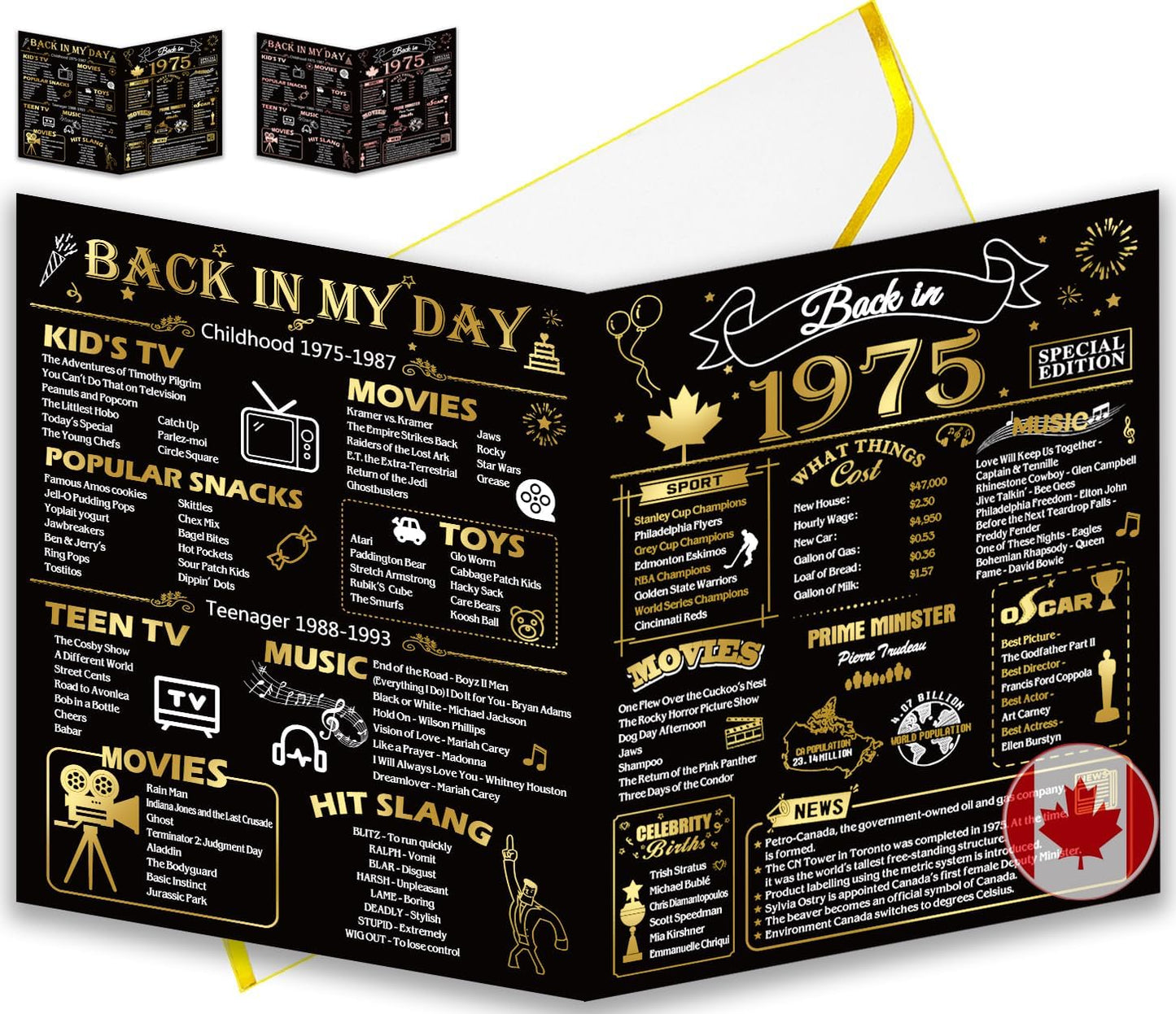 50th Birthday Card, Jumbo CANADA 25x20cm Back in 1975, Gilding Happy 50th Birthday Decoration for Woman, Men, Funny 50 Birthday Gifts for Wife, Husband, Him, Her, Mom