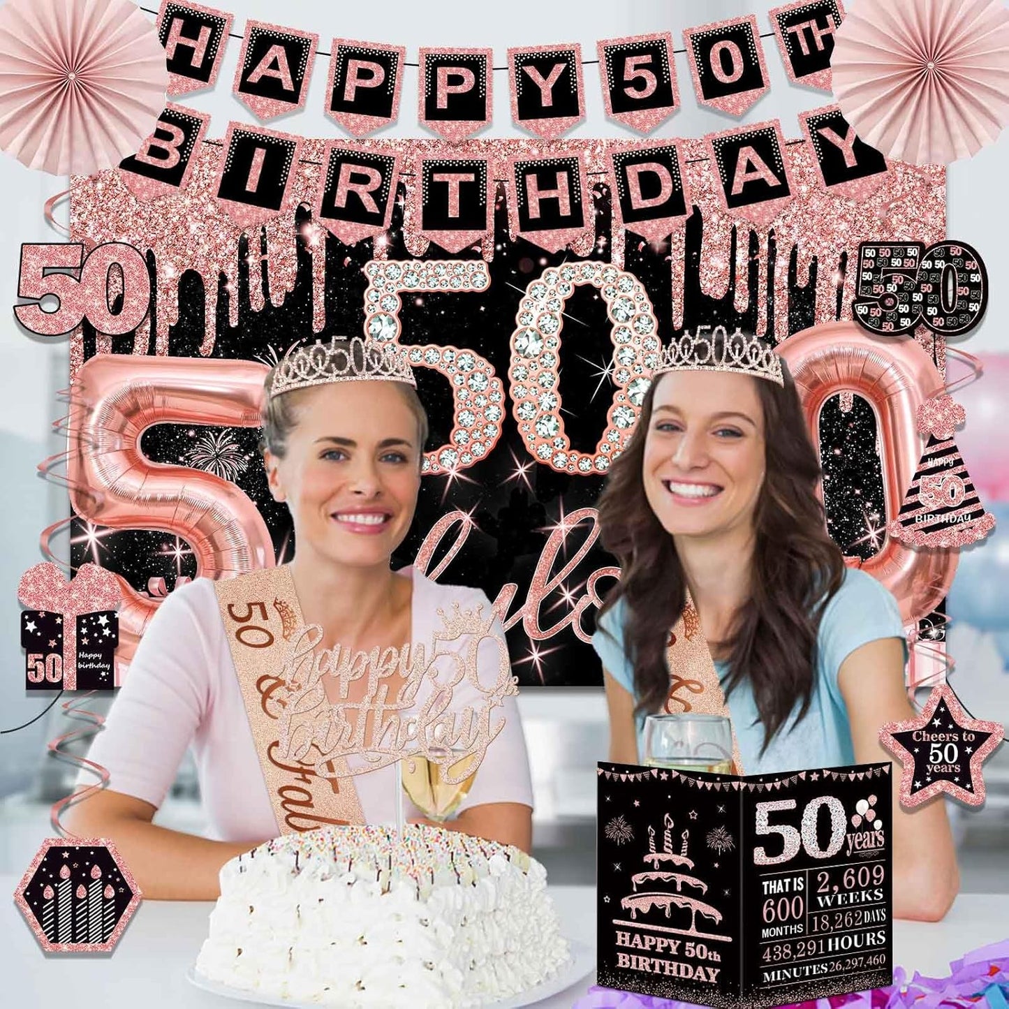 40th Birthday Decorations for Women,32pcs 40th Birthday Party Decorations,Including Backdrop, Crown,Sash,banner, Hanging Swirl,Cake Topper,balloons,Paper Fans,Anniversary Card and paper fans
