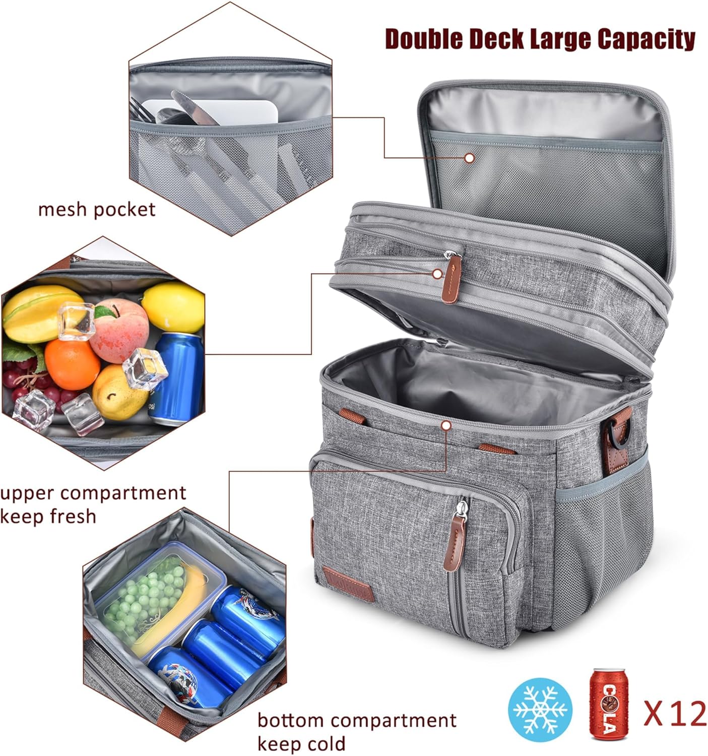 Lunch Bag for Women Men Double Deck Lunch Box - Leakproof Insulated Soft Large Lunch Cooler Bag, MIYCOO (Black,15L)