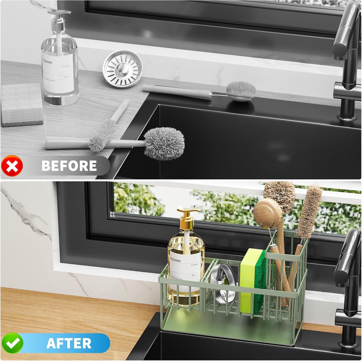 Cisily Kitchen Sink Caddy Organzier with High Brush Holder, Sponge Holder for Sink, 304 Rustproof Stainless, Kitchen Countertop Soap Dispenser Organizer, Kitchen Decor and Accessories (Black)