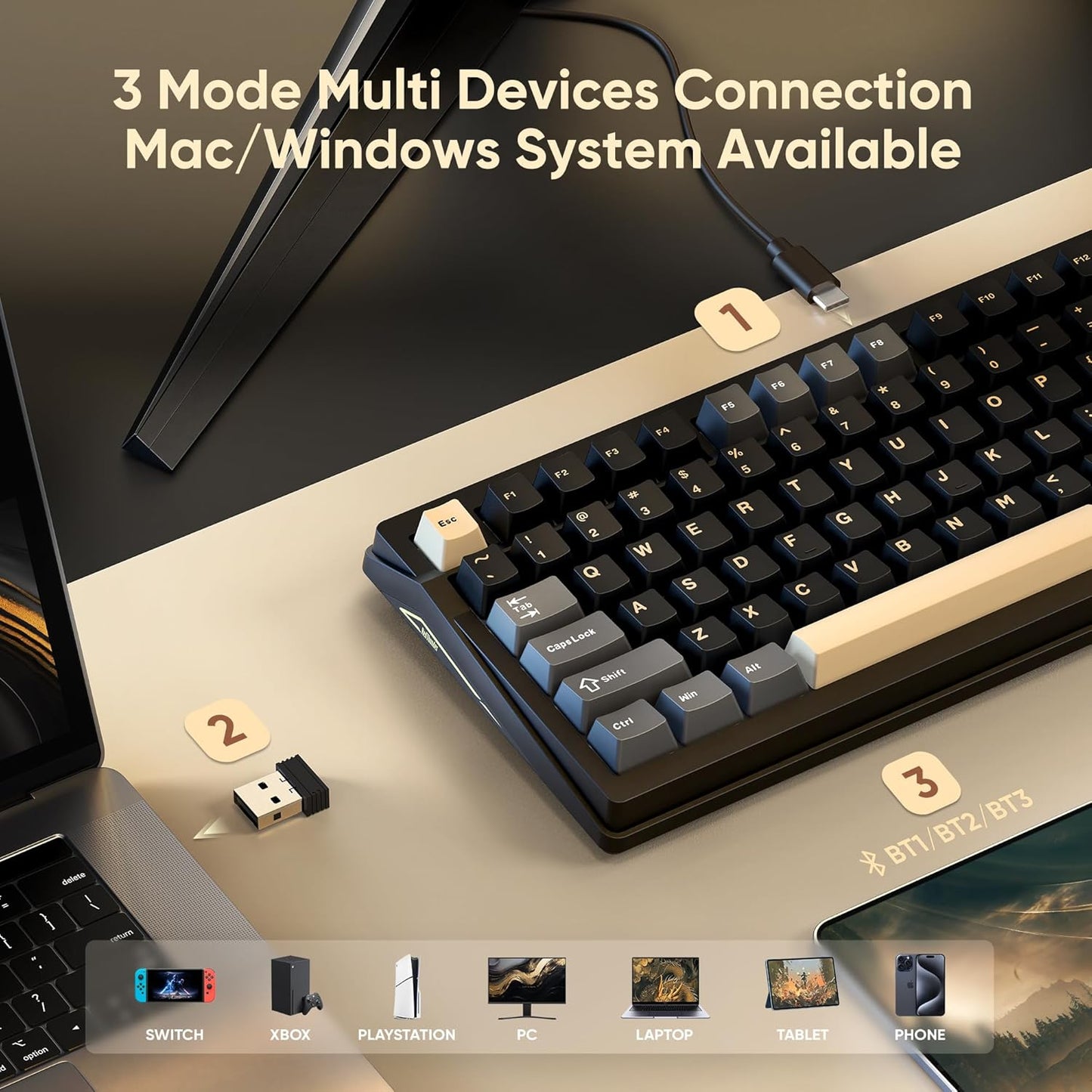 RedThunder K95 Wireless Mechanical Keyboard,TFT Screen & Knob, Tri-Mode BT5.0/2.4GHz/USB-C Hot Swappable Custom, Pre-lubed Linear Switches,Gasket Structure, RGB Gaming Keyboard for WIN/IOS, White-Blue