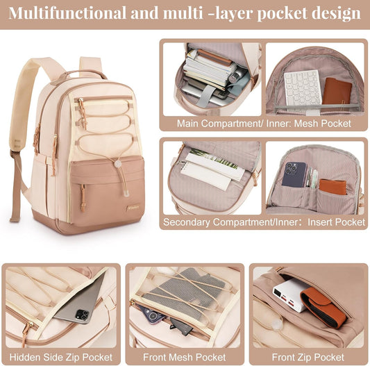 WINDARS School Backpack for Teens Girls, Aesthetic College Backpack Large Bookbag for Women Students Fashion 15.6 Inch Laptop Bag for Work Travel (Khaki Beige) - PuriLite