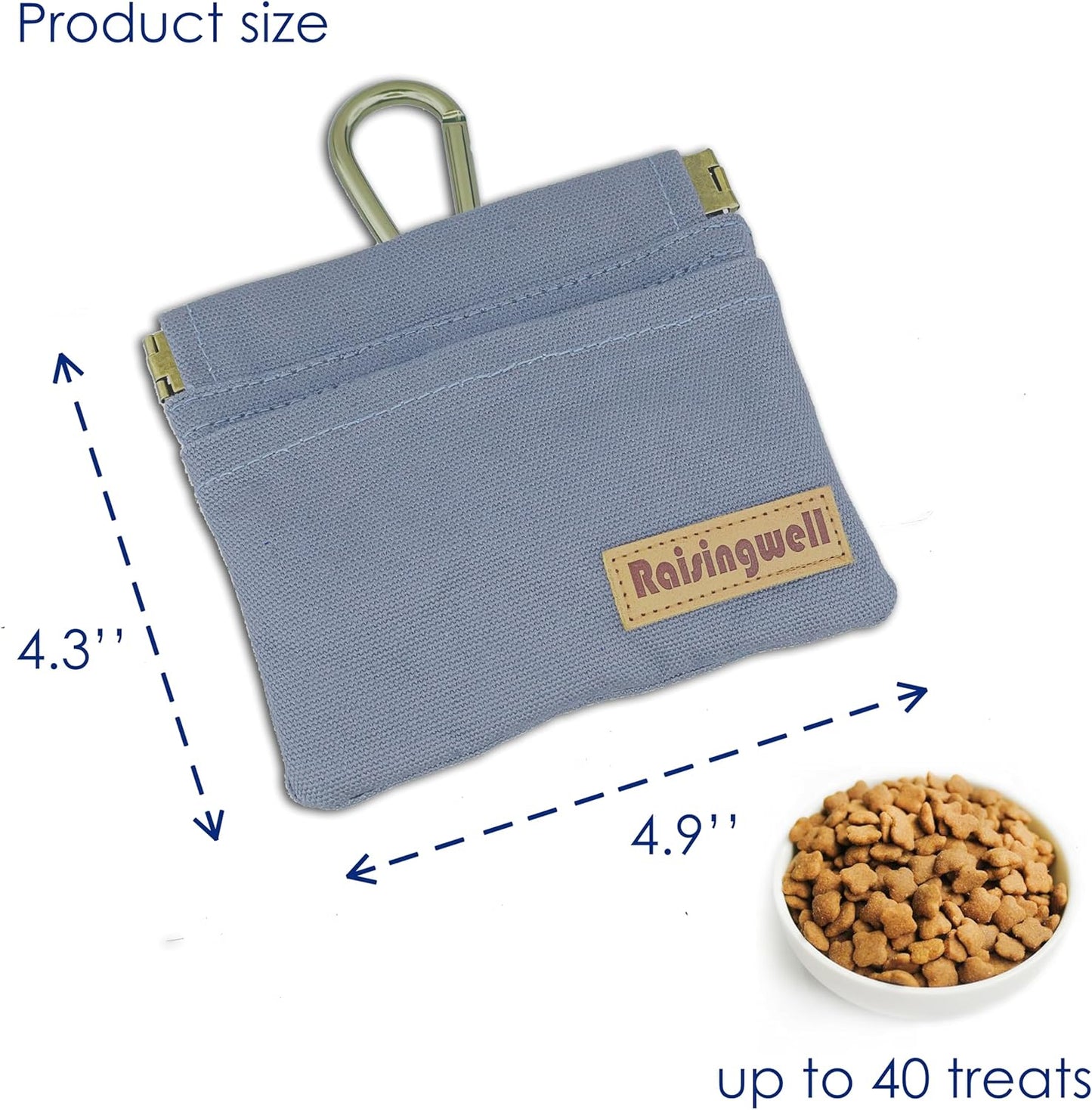 Raisingwell Dog Treat Pouch, Black Pocket Sized Pet Training Pouch, Cotton Fabric, Hand Free Dog Walking Bag with Carabiner, Self-Closing Pet Feed Snack Reward, for Pet Puppy Travel or Outdoor Use