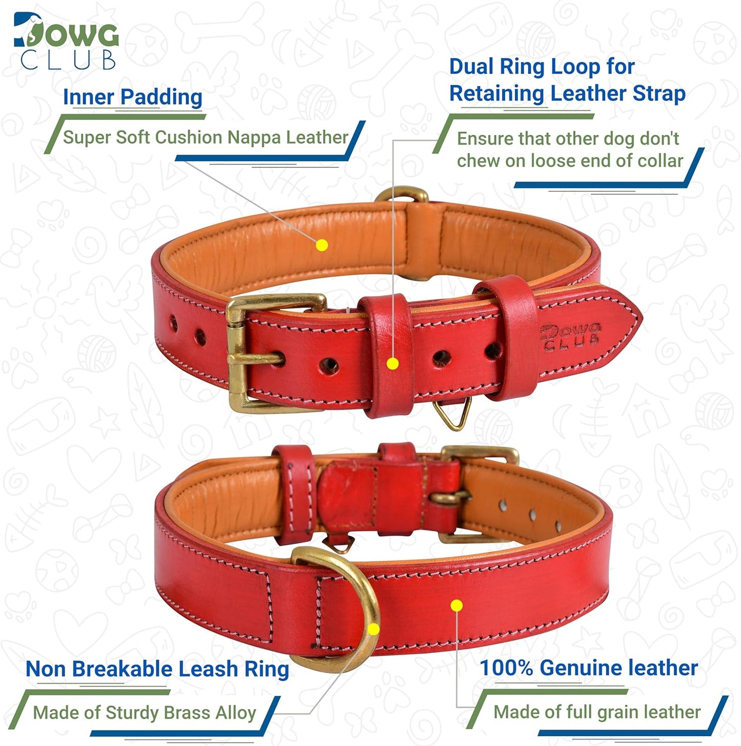 DowgClub | Genuine Leather Dog Collar | Full Grain, Heavy Duty | Comfortable, Strong | Best for Pups, Small, Medium & Large Breeds | Pink, Brown, Black, Tan
