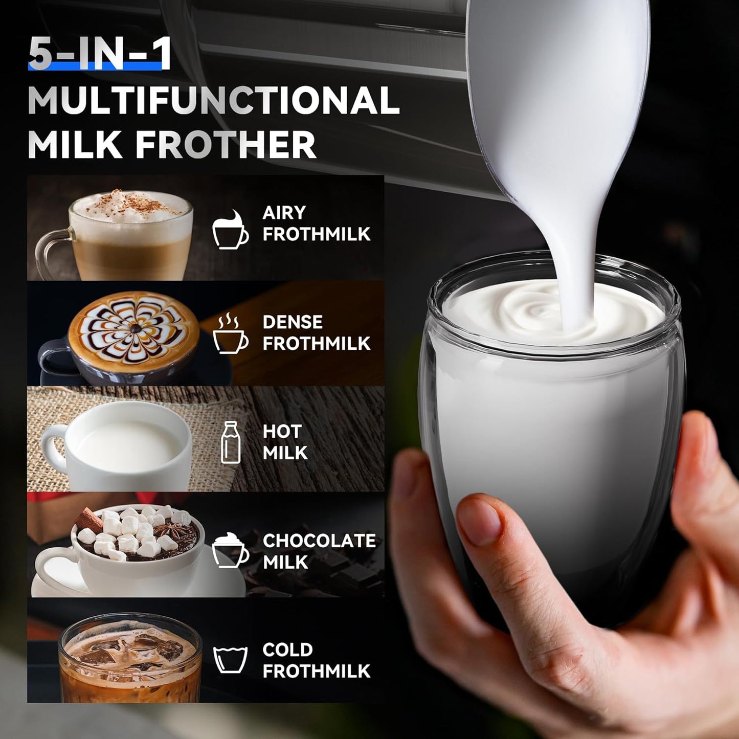 Milk Frother Electric, 5-in-1 Milk Steamer 600ML/20oz, 550W Split Stainless Steel Automatic Foamer, Smart Touch Control Milk Warmer, Hot & Cold for Coffee, Chocolate, Latte Cappuccino