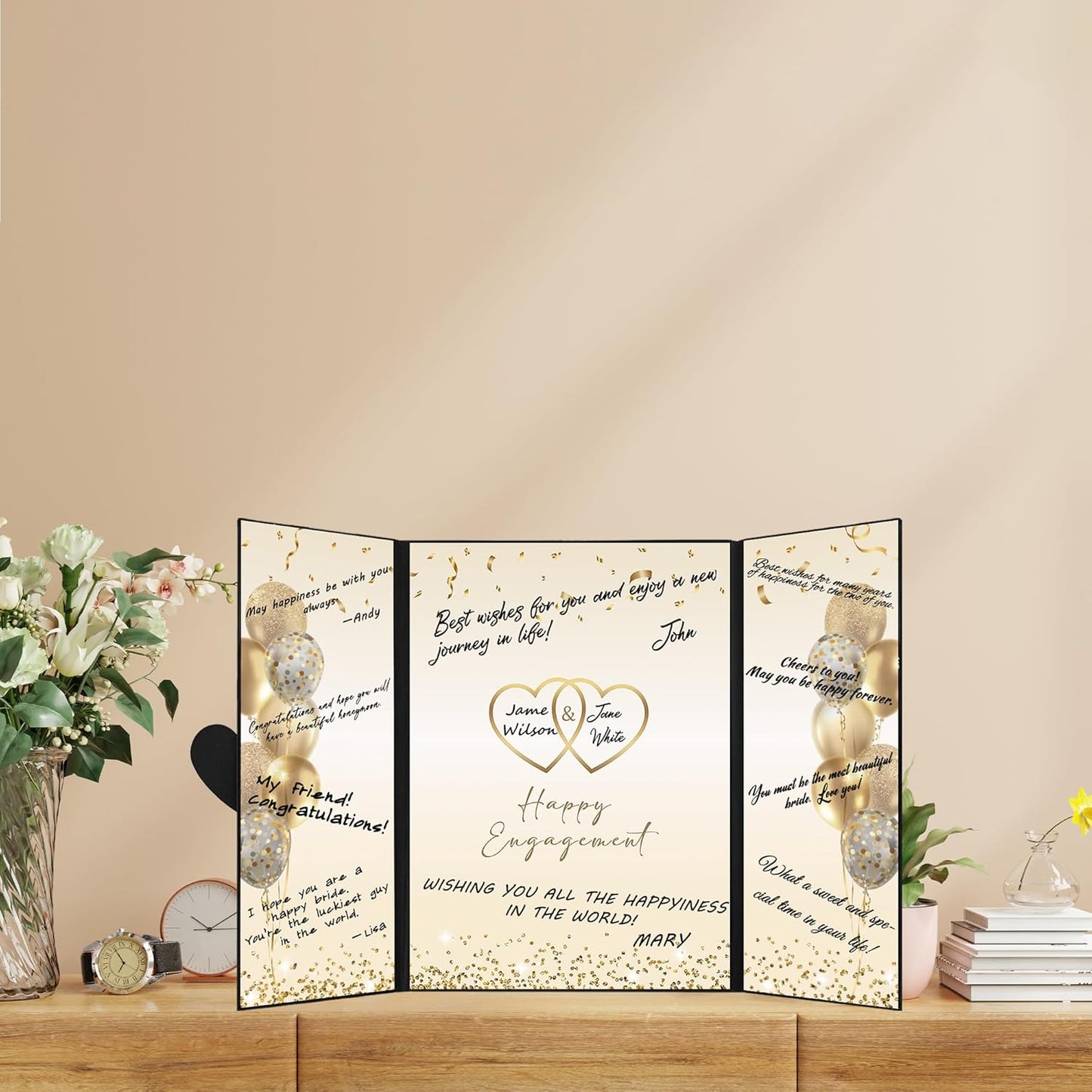 DARUNAXY Black Gold Engagement Party Decorations, Happy Engagement Alternative Signature Guest Book Just Engaged Gifts Almost Married Congratulations Engagement Signing Card Board Party Supplies - PuriLite
