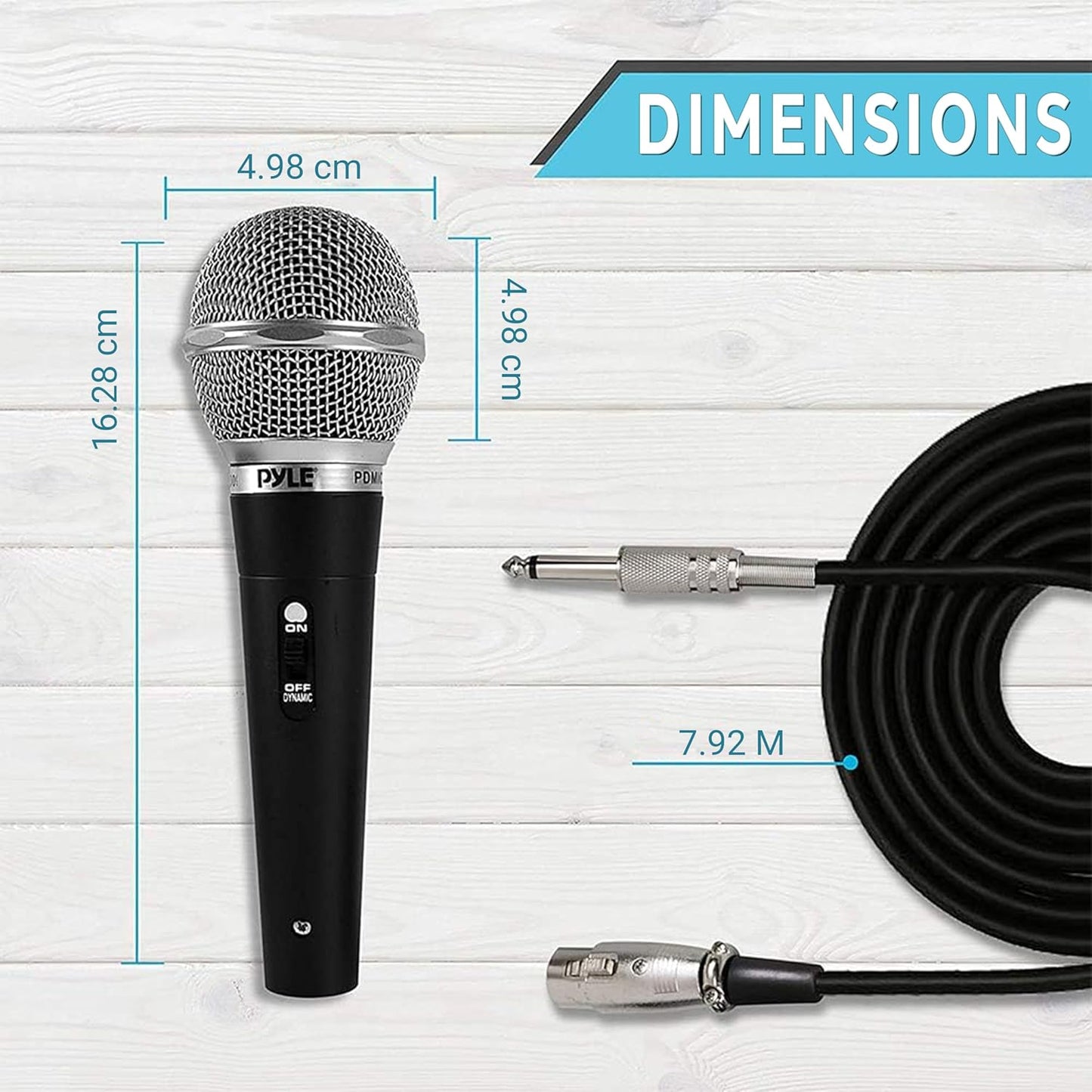 Pyle Professional Dynamic Vocal Microphone - Moving Coil Dynamic Cardioid Unidirectional Handheld Microphone with ON/OFF Switch Includes 15ft XLR Audio Cable to 1/4'' Audio Connection - PDMIC59