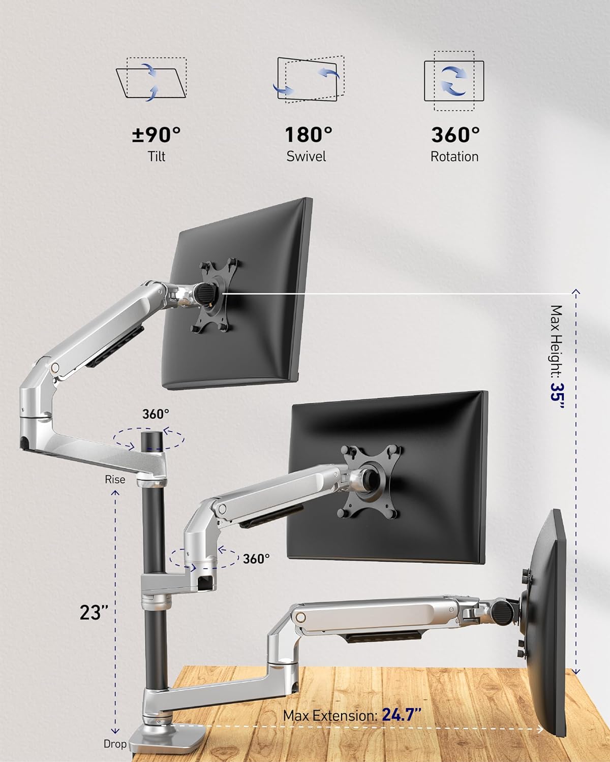 ErgoUnion Dual Monitor Stand for Desk, Vertical Dual Monitor Mount with Wide Range of Motion, Dual Monitor Arm for 17-40" Screen up to 25 lbs Each, Computer Monitor Stand for 2 Monitors - Black