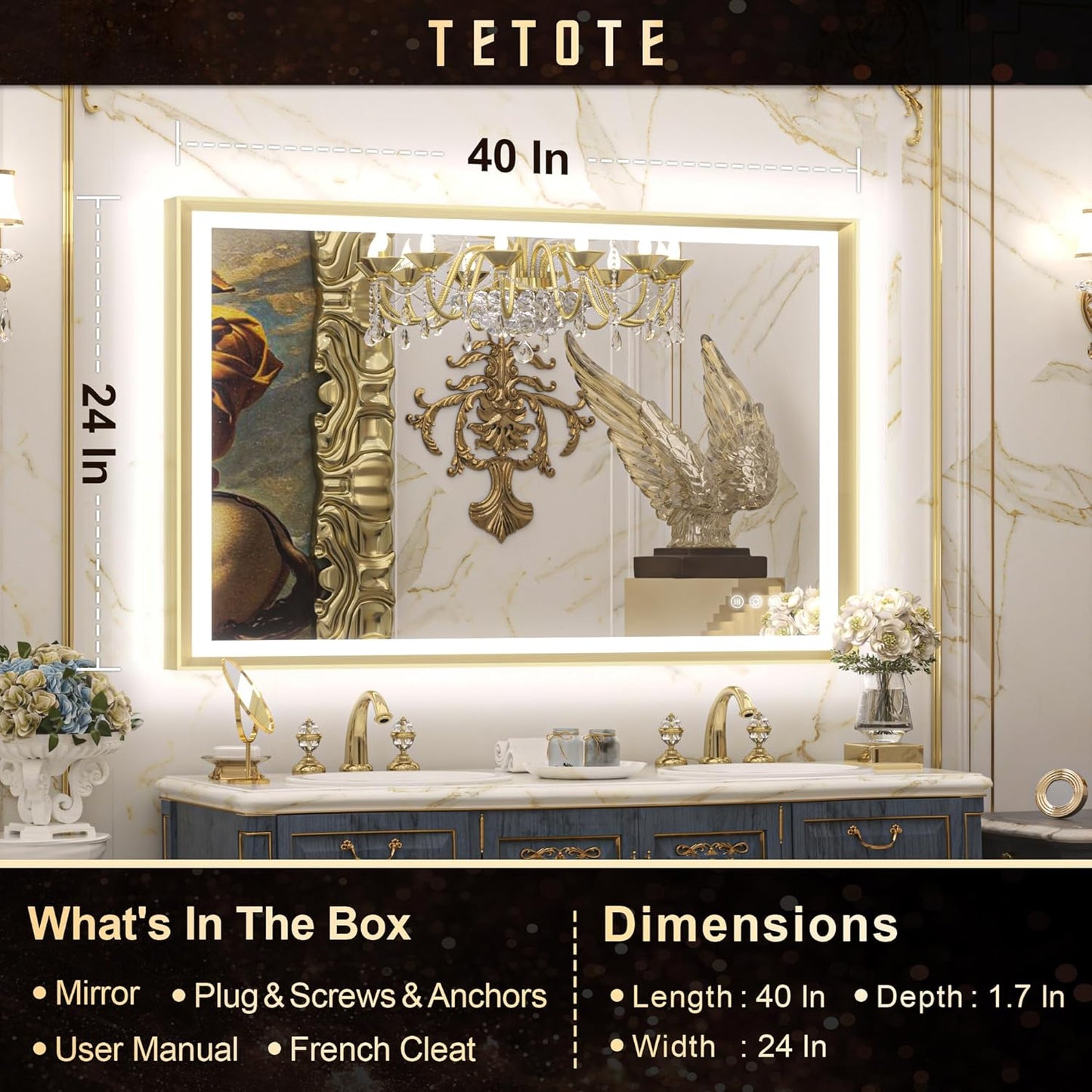 TETOTE 28x36 LED Mirror for Bathroom Black Metal Frame Frontlit & Backlit Lighted Vanity Mirror Baroque Gothic Anti Fog Stepless Dimmable White/Warm/Natural,Wall Mounted(Horizontal/Vertical)