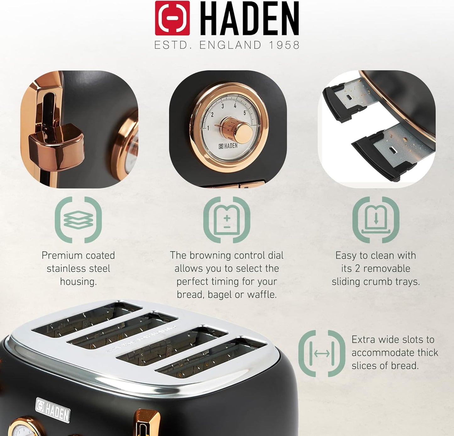 Haden Dorset 75083 Stainless Steel 1500W Retro Toaster 4 Slice Wide Slot w/Removable Crumb Tray and Settings, Black/Copper Toasters w/Adjustable Browning Control, Smart Toaster