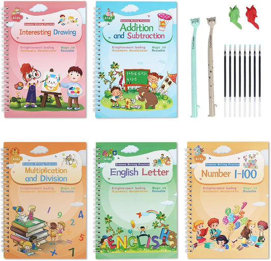 CosyCorner Magical Handwriting Workbooks Handwriting Practice Magic Copybook, Handwriting Aid Magic Pen Reusable Copybook Grooves Template Design for Children(4 Books, 10.2×7.2 in)