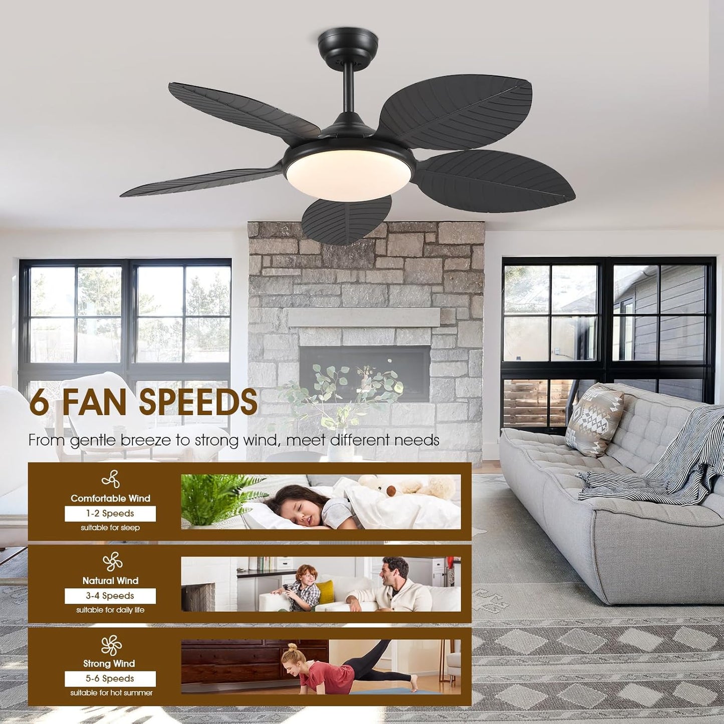 Wiviniya Ceiling Fans with Lights and Remote/APP Control, 44 Inch Tropical Palm Leaf Ceiling Fan with LED Lights, Outdoor Ceiling Fans for Patios Porch, Reversible Quiet Motor, Dimmable, Light Brown