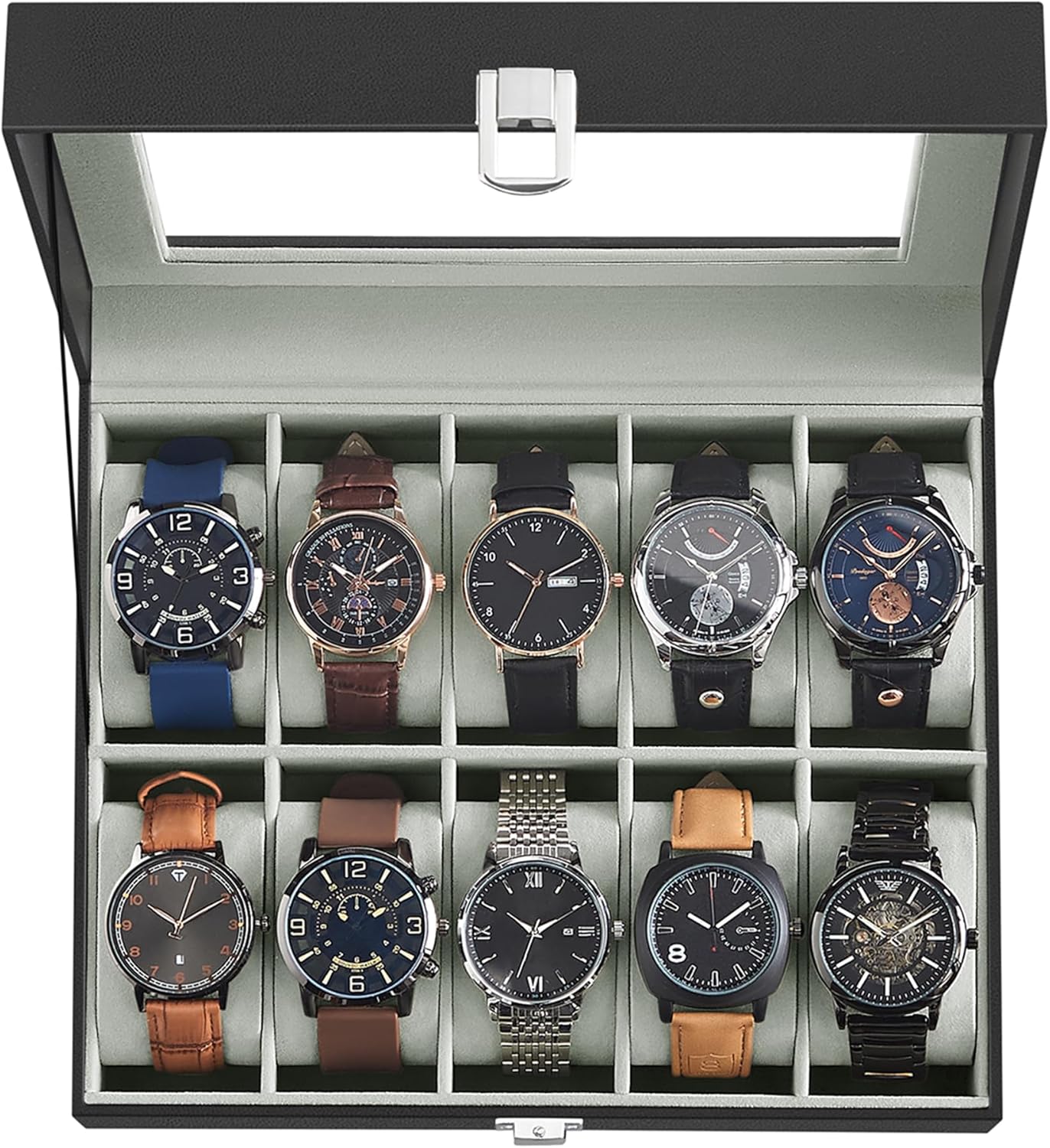 SONGMICS Watch Box, 6-Slot Watch Case, Watch Box Organizer, Black Synthetic Leather, Greenish Gray Lining UJWB06BK