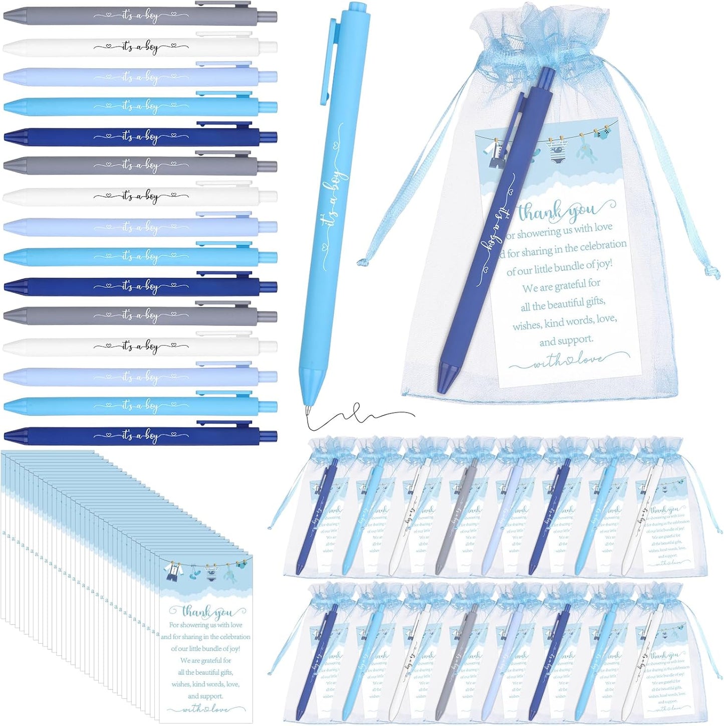 50 Set Baby Shower Favors for Guests It's a Boy Ballpoint Pens Thank You Gift Cards Organza Bags Baby Shower Gifts for Office School Student Writing Gender Reveal Party Favors Birthday Game Prizes