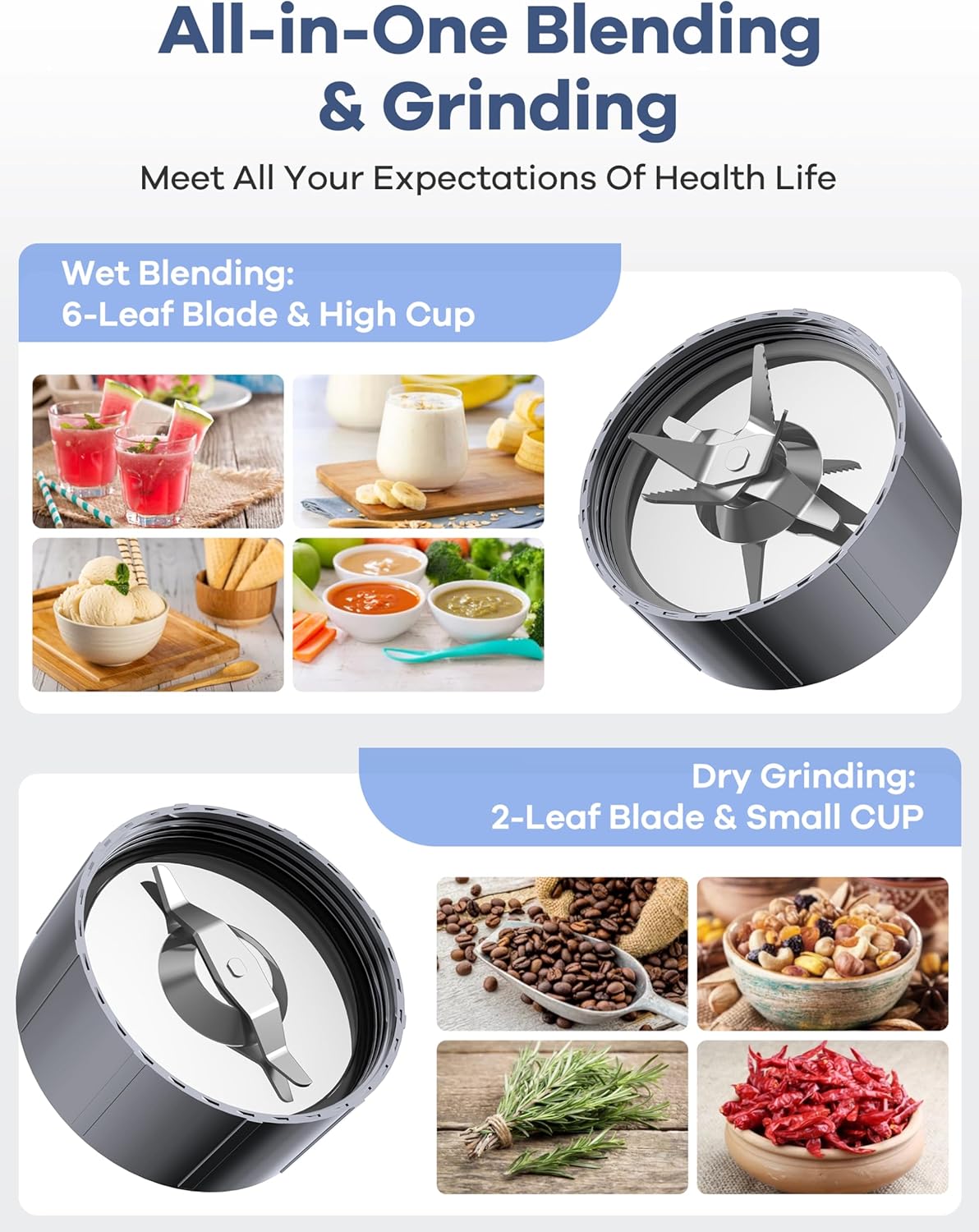 Smoothie Blender, Ganiza Blenders for Smoothies with 15-Piece Blender and Grinder Combo, 4 BPA-Free Personal Blender Cup, for Shakes, Protein Drinks, Fruit Vegetable Drink, Nuts, Spices, Coffee Beans