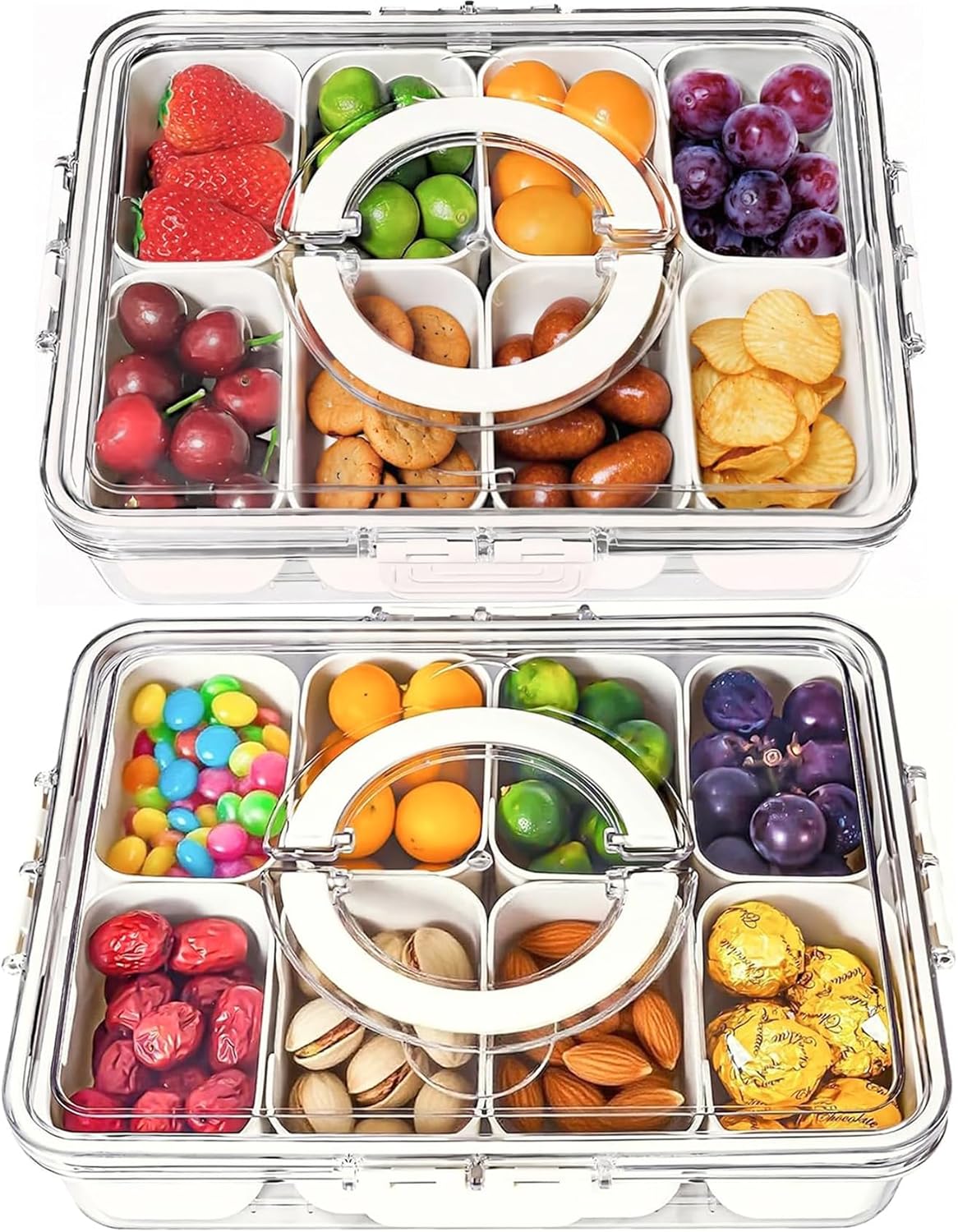 KIGITIONE Snackle Box, Pink 8 Compartments Portable Serving Tray, Divided Snackle Box Container with Lid and Handle, Snack Organizer for Fruits, Snacks, Nuts, Candy, Ideal for Party, Travel & Picnics