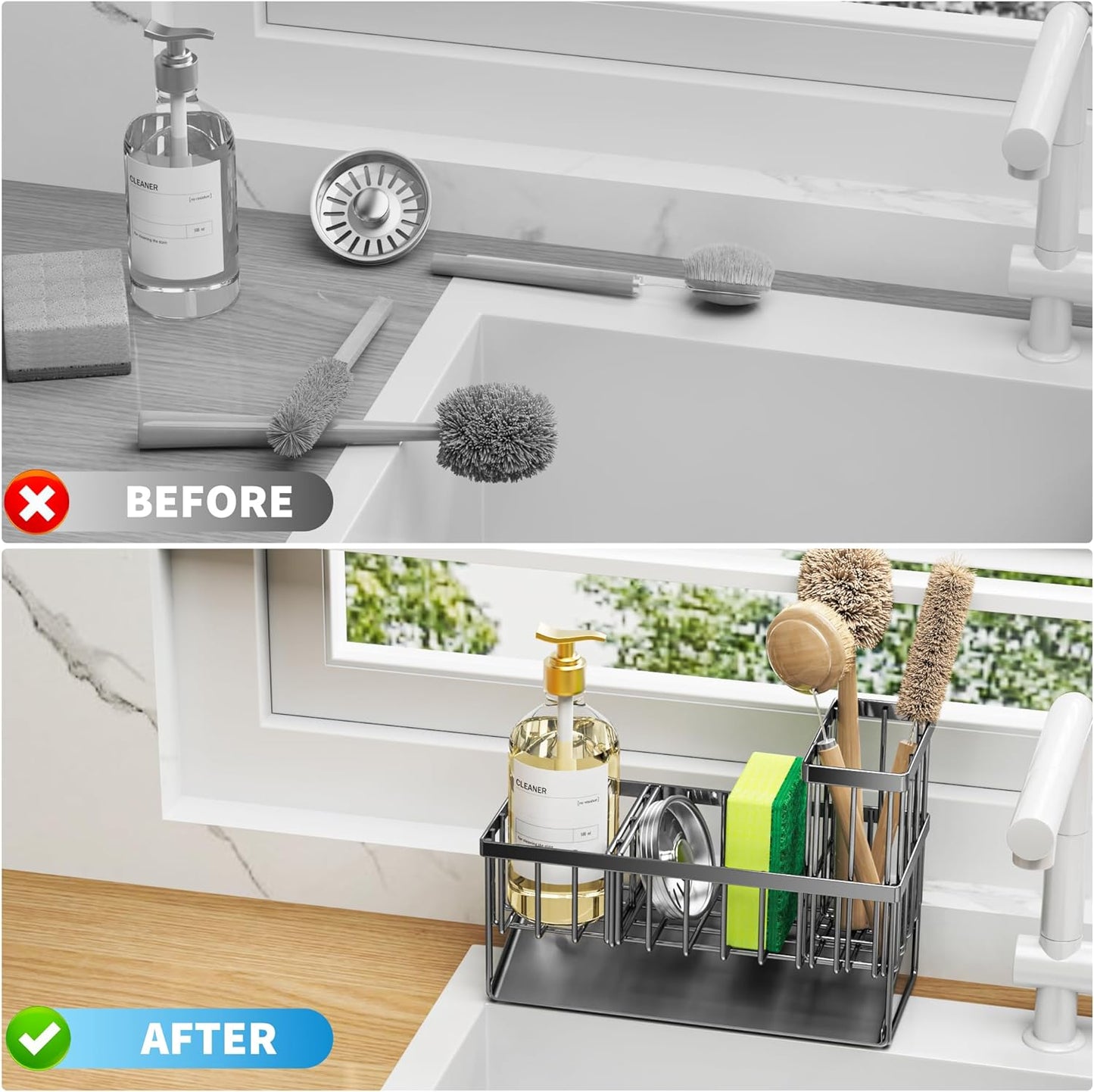 Cisily Kitchen Sink Caddy Organzier with High Brush Holder, Sponge Holder for Sink, 304 Rustproof Stainless, Kitchen Countertop Soap Dispenser Organizer, Kitchen Decor and Accessories (Black)