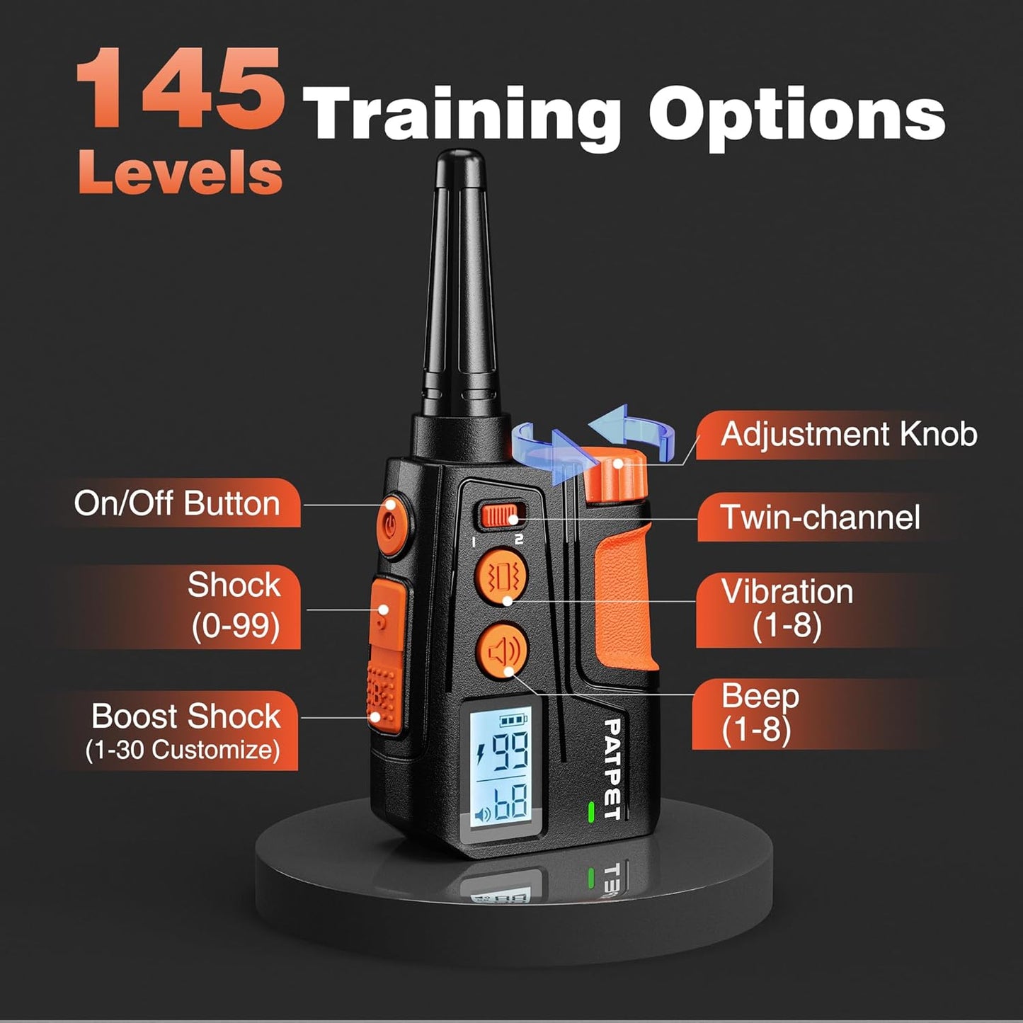 PATPET Dog Shock Collar with Remote, 4000 Ft 145 Levels Training Collar for Dogs Waterproof Rechargeable Electric Dog Collar for Small Medium Large Dogs(15-120 lbs)