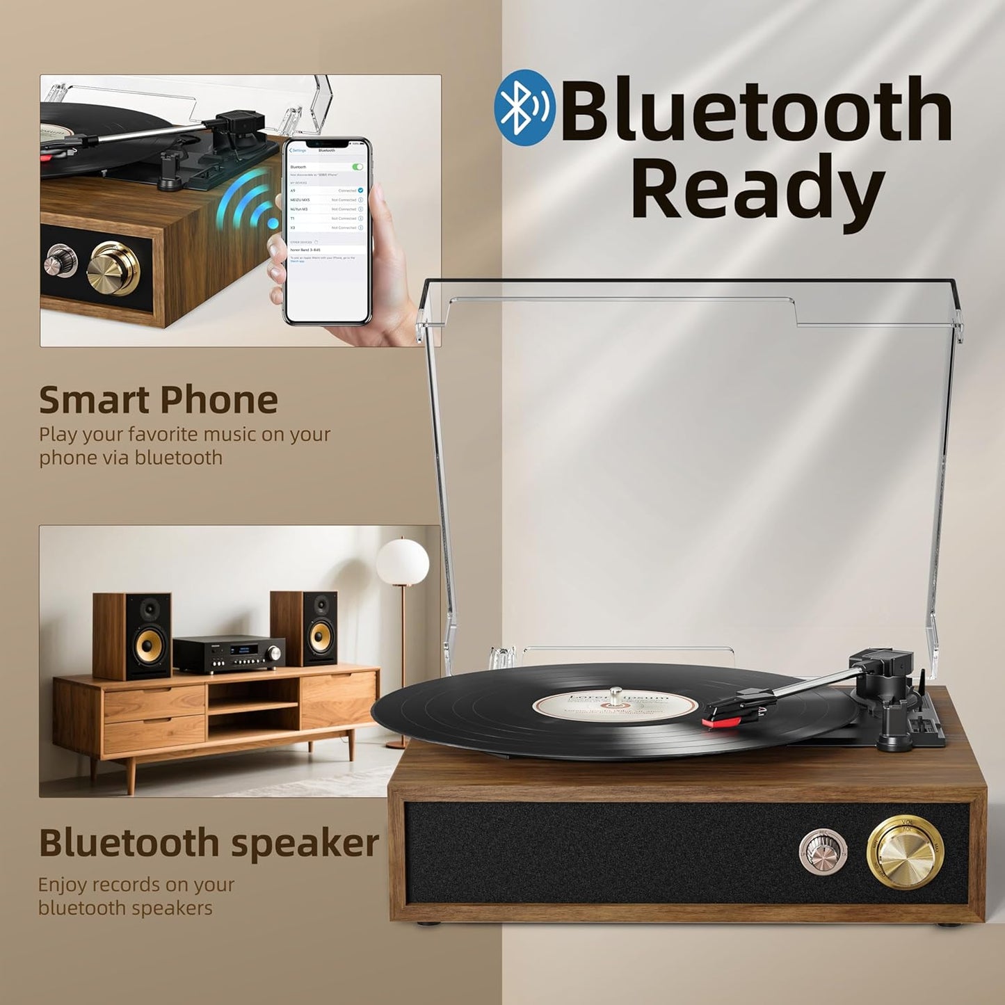 Record Player, FYDEE Vinyl Player with Bluetooth 3-Speed Turntable for Vinyl Records (33/45/78 RPM) with Built-in Bluetooth Receiver & Transmitter, RCA Out/USB in, Dust Cover (Ebony)
