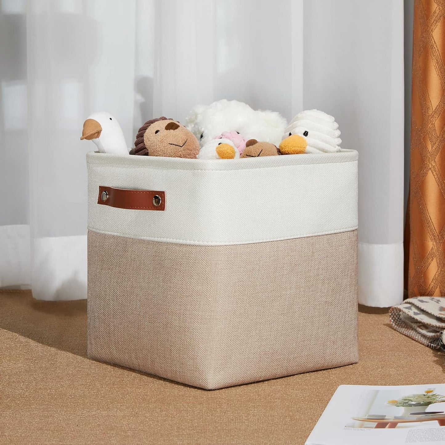 DULLEMELO Storage Baskets for Shelves, Fabric Collapsible Rectangular Storage Bins for Shelves, Closets, Nursery, Home, Office, Empty Gift Baskets (White&Teal)