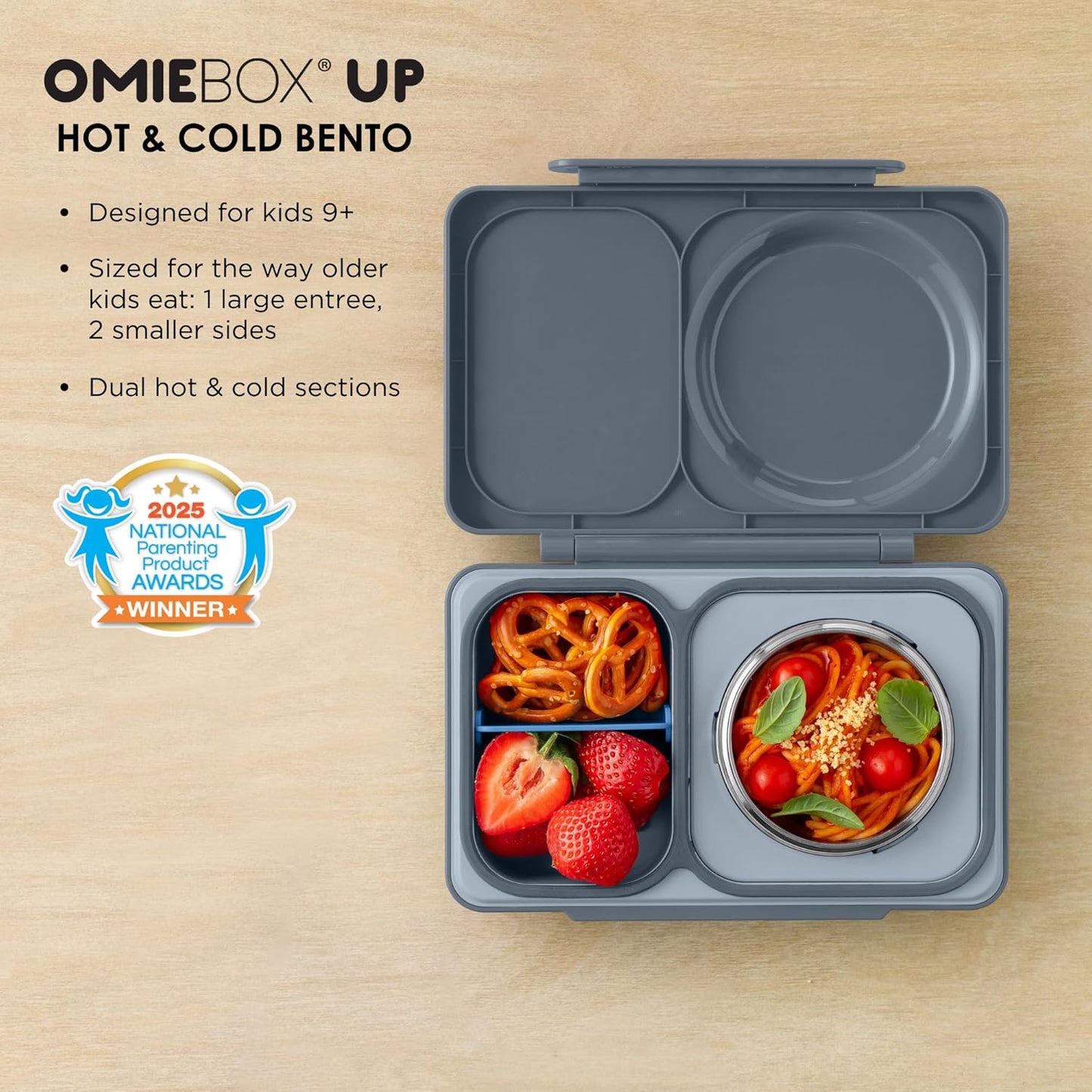 OmieBox UP bento box for kids | Insulated lunch box | Insulated food jar | Cooler ice pack | 2 Compartments (Cherry Pink)