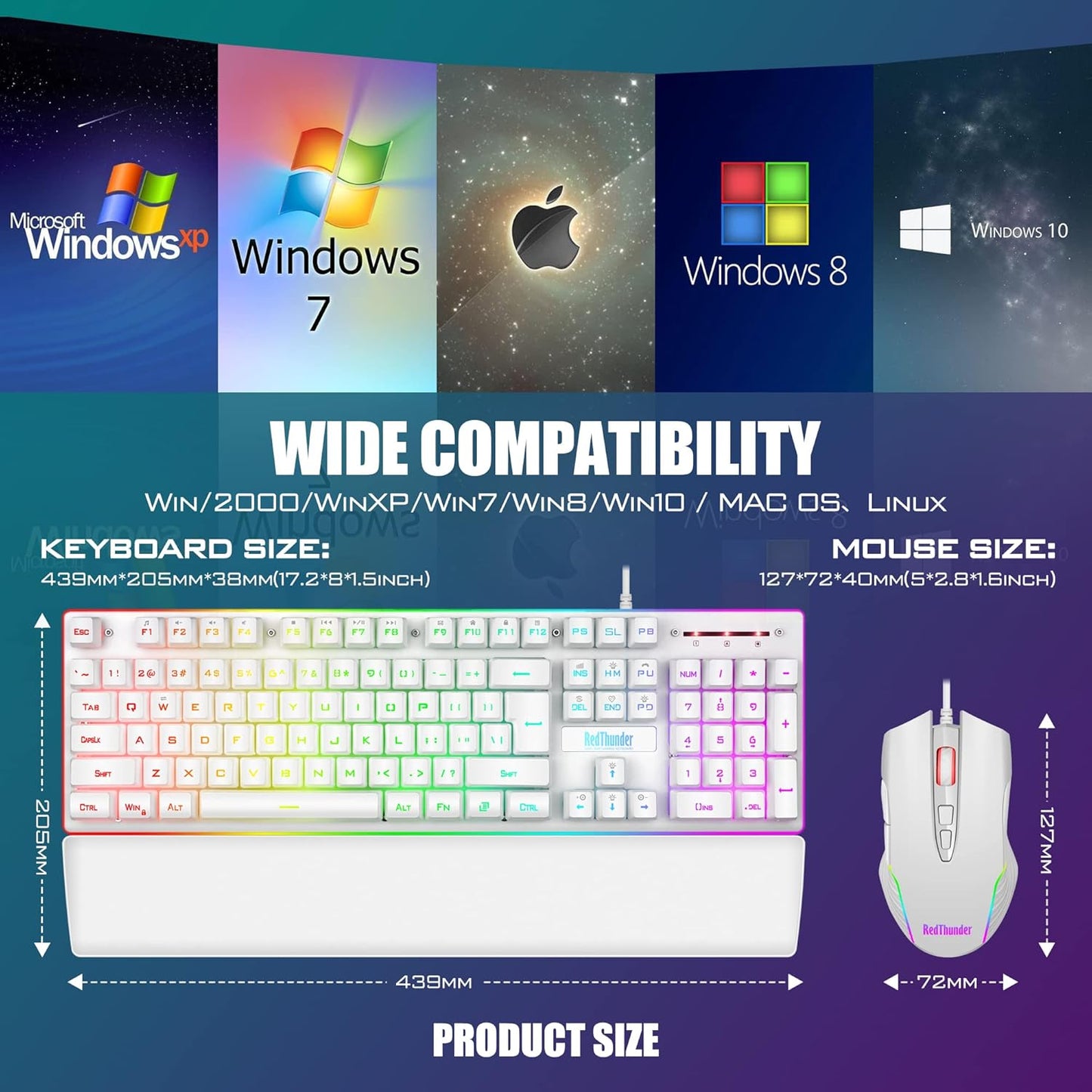 RedThunder K10 Wired Gaming Keyboard and Mouse and Wrist Rest Combo, RGB Backlit, Mechanical Feel Anti-ghosting Keyboard + 7D 7200 DPI Mice+Soft Leather Wrist Rest 3 in 1 PC Gamer Accessories(Black)