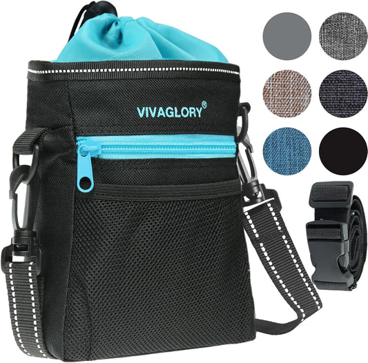 VIVAGLORY Dog Training Treat Pouch, 4Ways to Wear Dog Treat Bags, Built in Dog Waste Bag Dispenser Treats Training Bags with Reflective Adjustable Shoulder Strap, Black