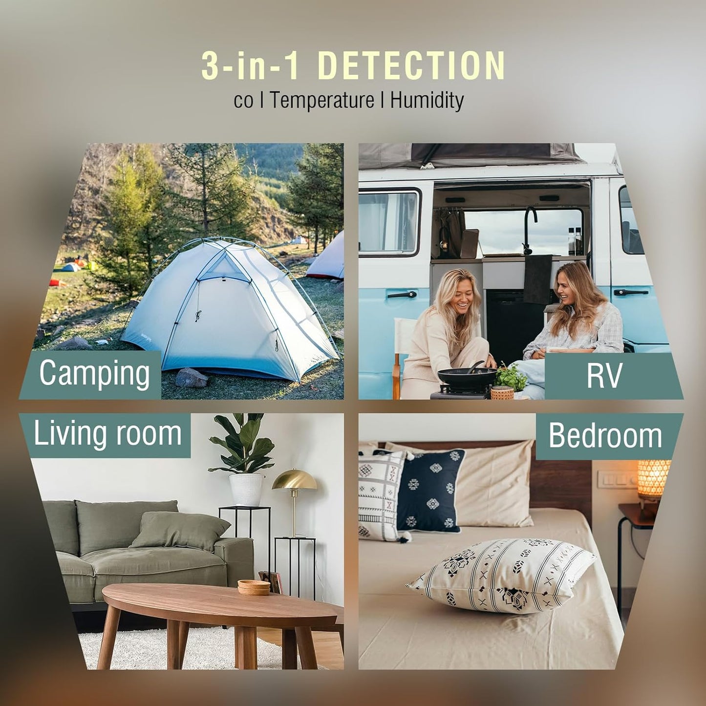 Portable Carbon Monoxide Detector, 3 in 1 CO/Temperature/Air Humidity MeterDetector with Round HD LCD Display, Portable CO Detector for Home, Camping and Travel