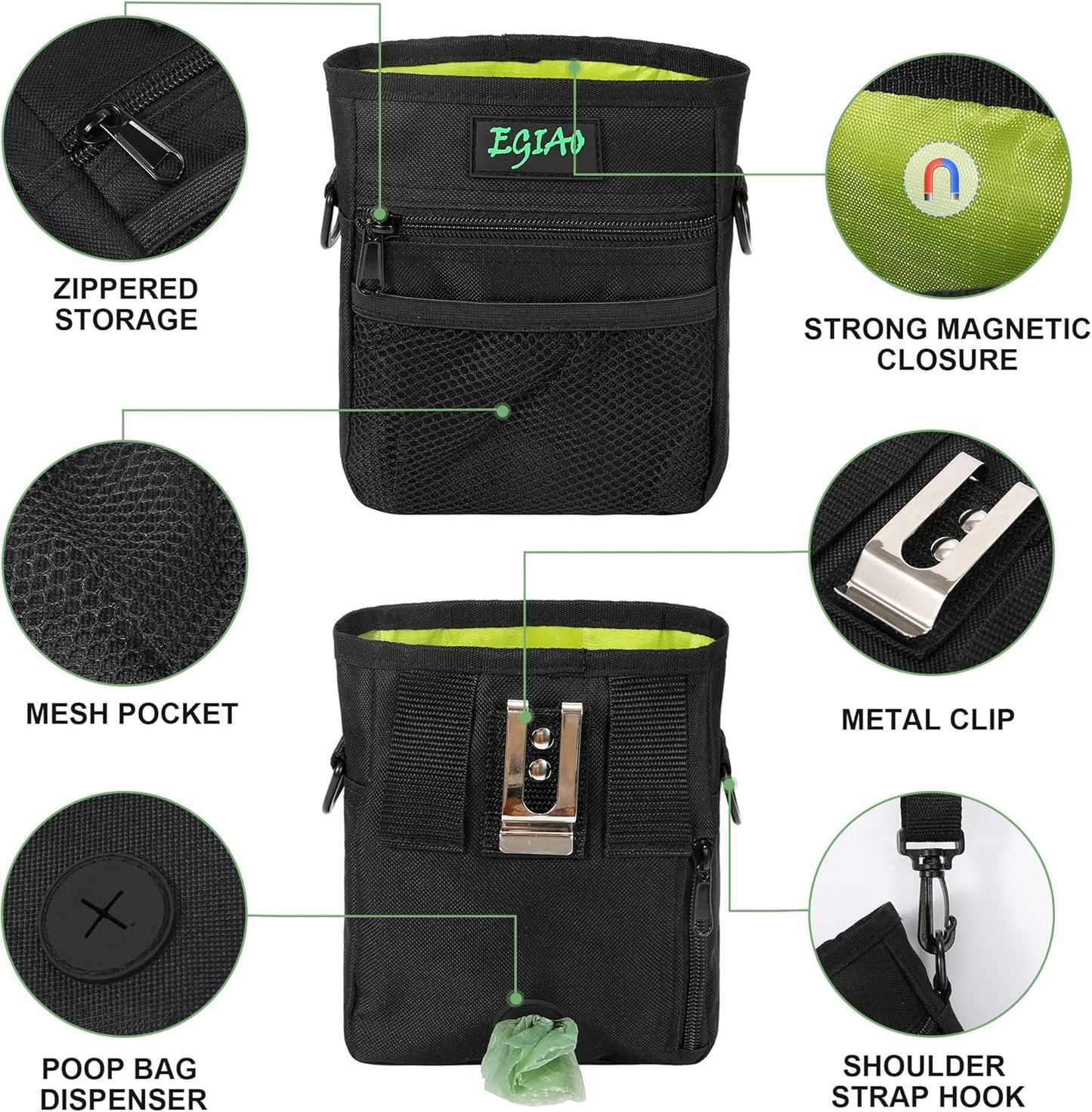 Dog Treat Pouch with Collapsible Dog Bowl, Training Clicker and Poop Bags, Treat Pouches for Pet Training, Magnetic Closure, Built-in Poop Bag Dispenser, Waist Belt Clip, Puppy Treat Bag - Green